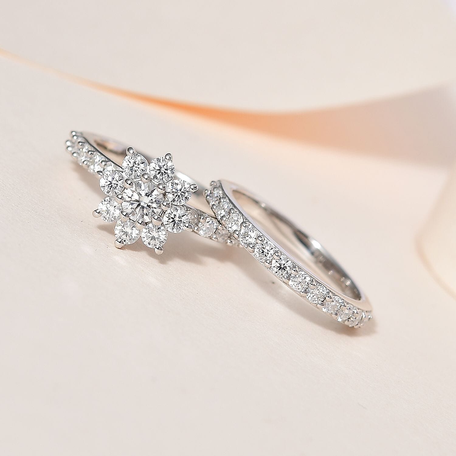 Set of 2 - Moissanite Floral Ring in Platinum Overlay Sterling Silver 1.33 Ct.