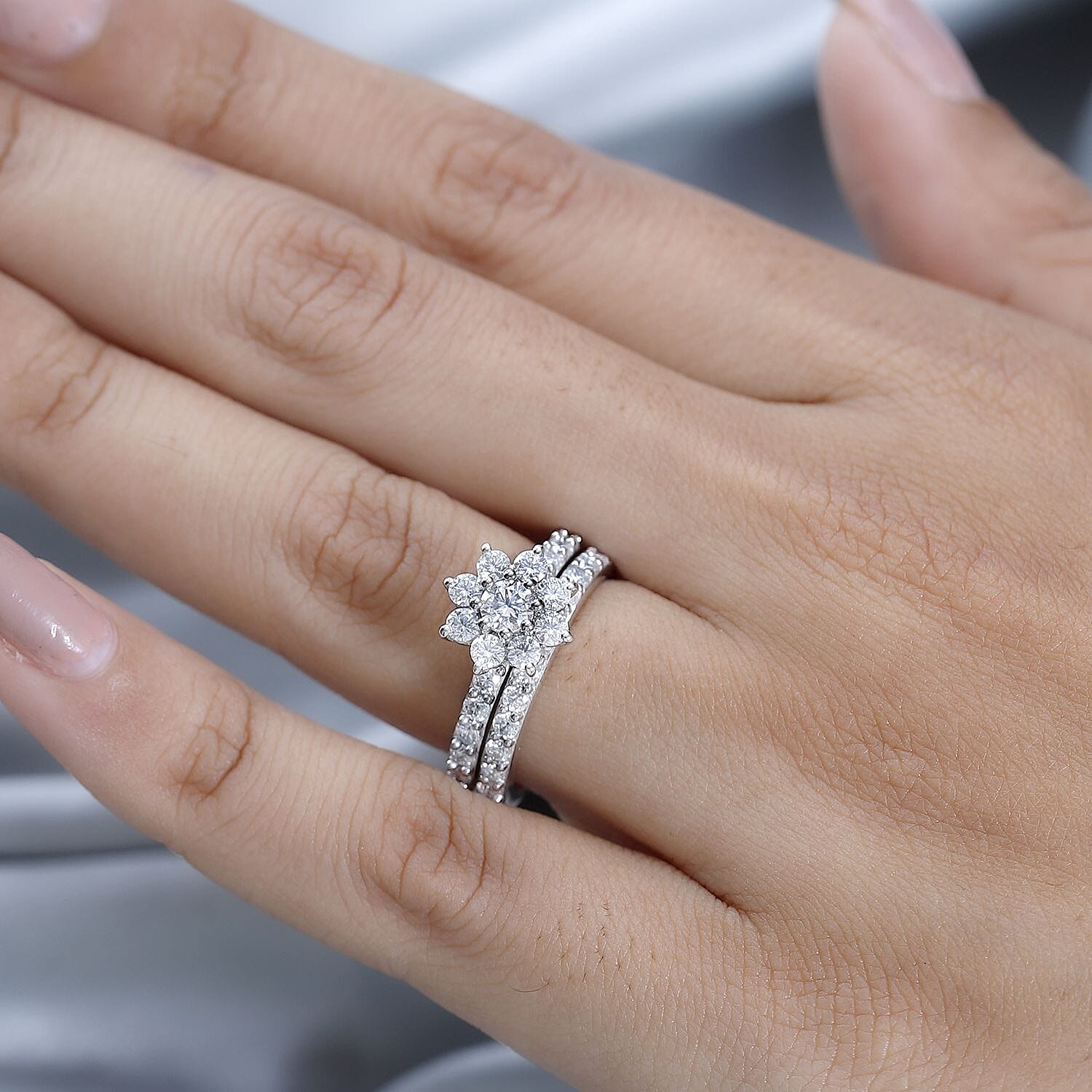 Set of 2 - Moissanite Floral Ring in Platinum Overlay Sterling Silver 1.33 Ct.