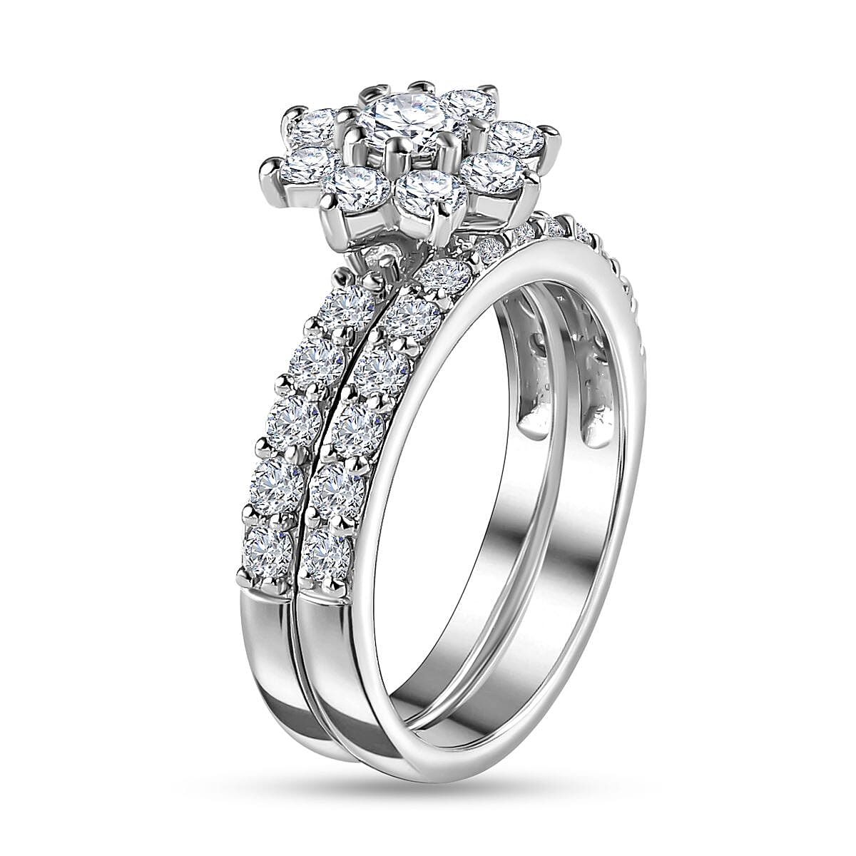 Set of 2 - Moissanite Floral Ring in Platinum Overlay Sterling Silver 1.33 Ct.