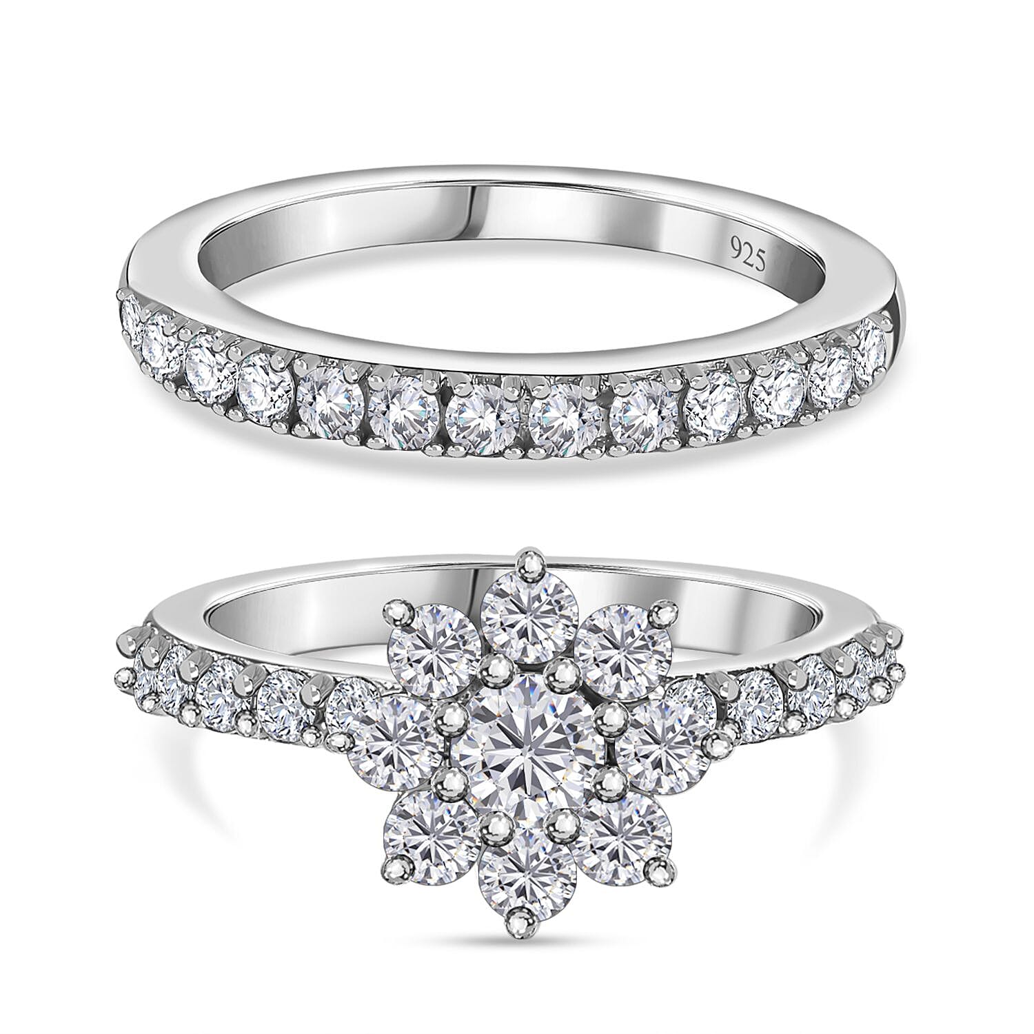 Set of 2 - Moissanite Floral Ring in Platinum Overlay Sterling Silver 1.33 Ct.