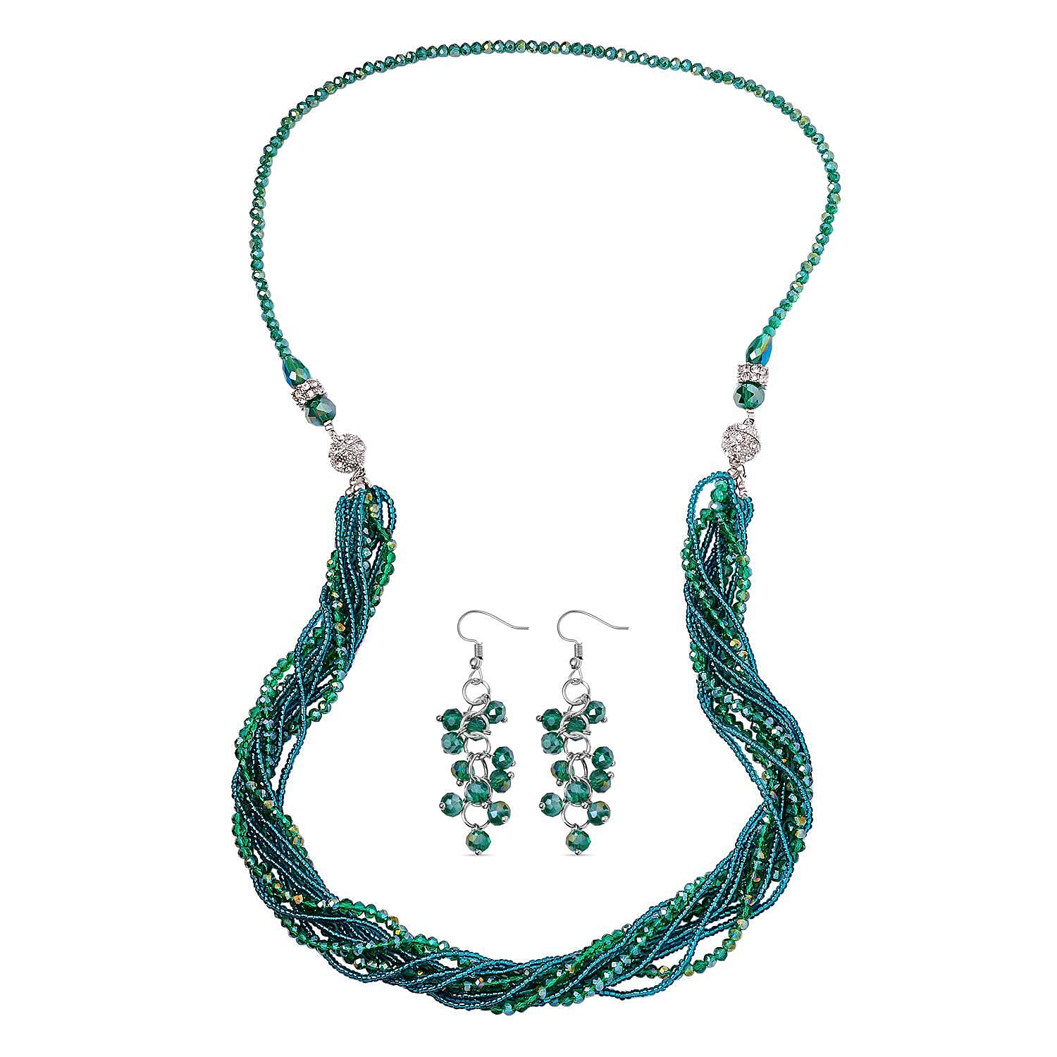 3 Piece Set - White Crystal, Green Crystal Necklace and Earring 0.05ct 0.050 Ct.
