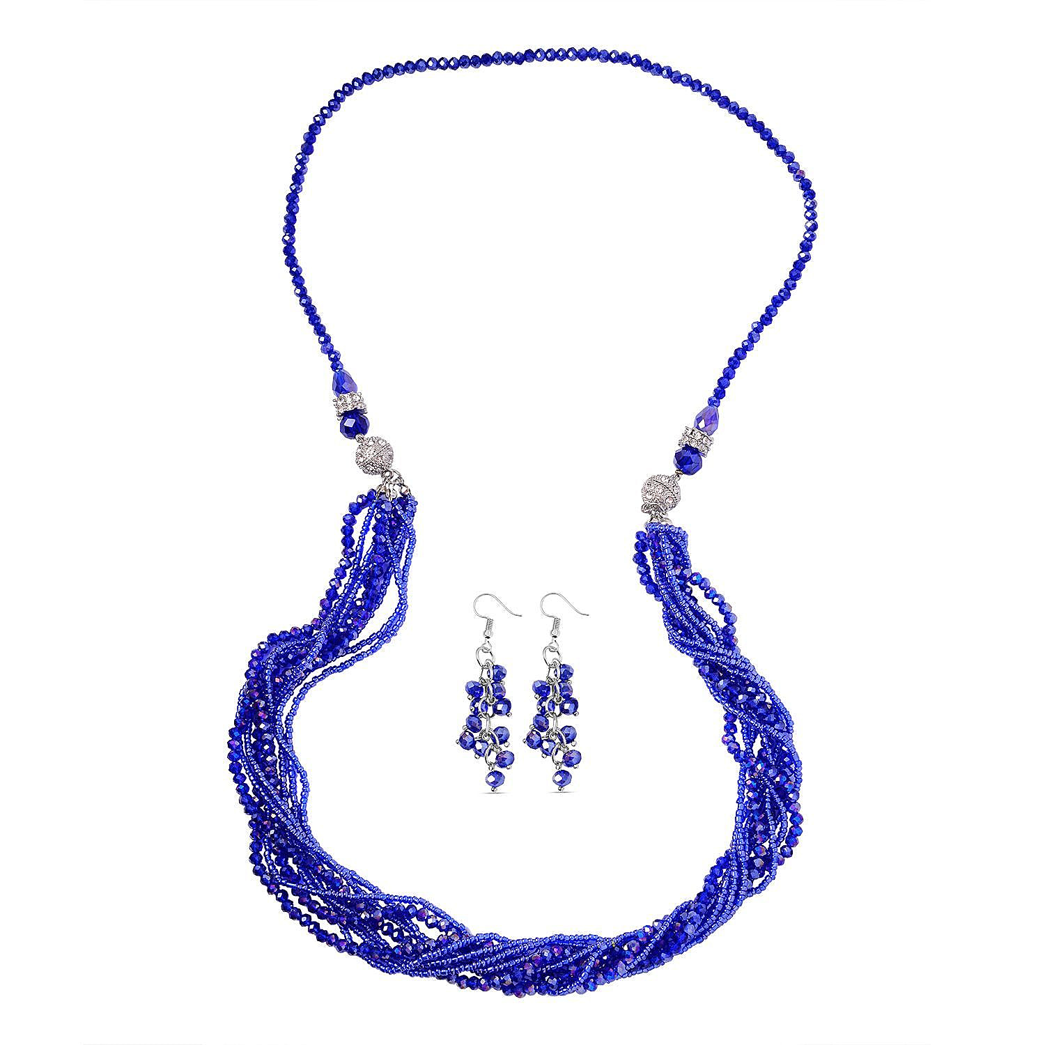 3 Piece Set - White & Blue Austrian Crystal Necklace (Size 18 & 16) and Earrings