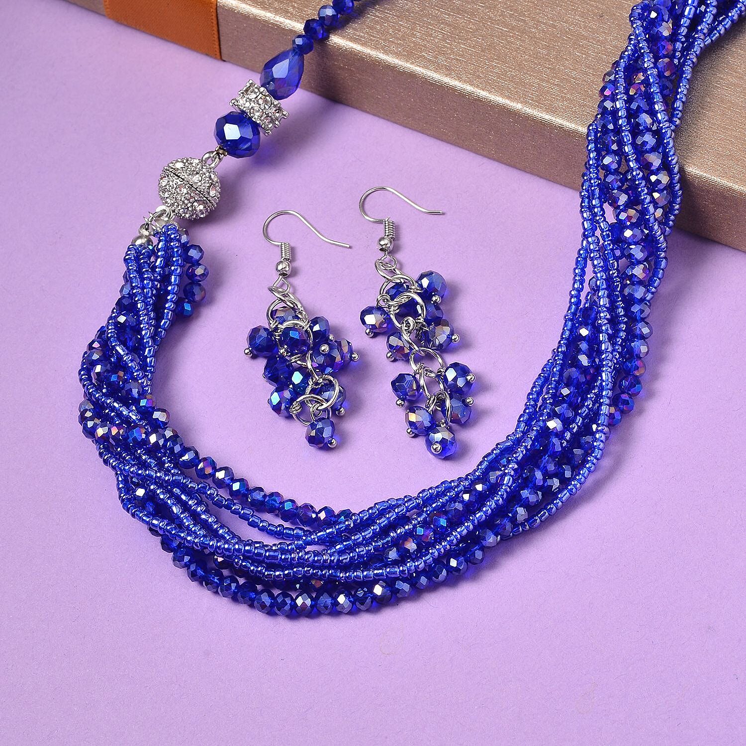 3 Piece Set - White & Blue Austrian Crystal Necklace (Size 18 & 16) and Earrings