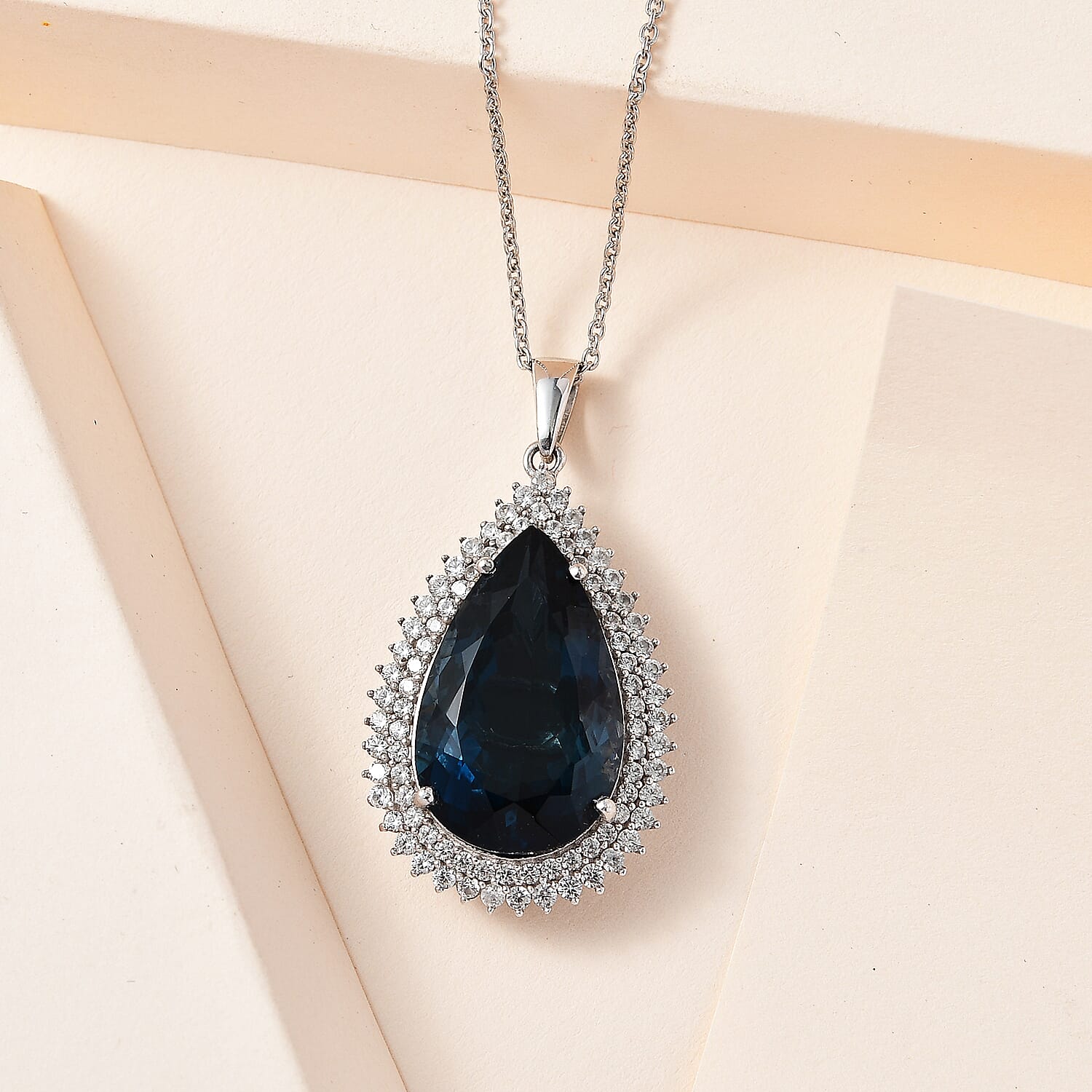 London Blue Topaz & Natural Zircon Drop Pendant with Chain (Size 20) in Platinum Overlay Sterling Silver 25.85 Ct, Silver Wt. 6.38 Gms