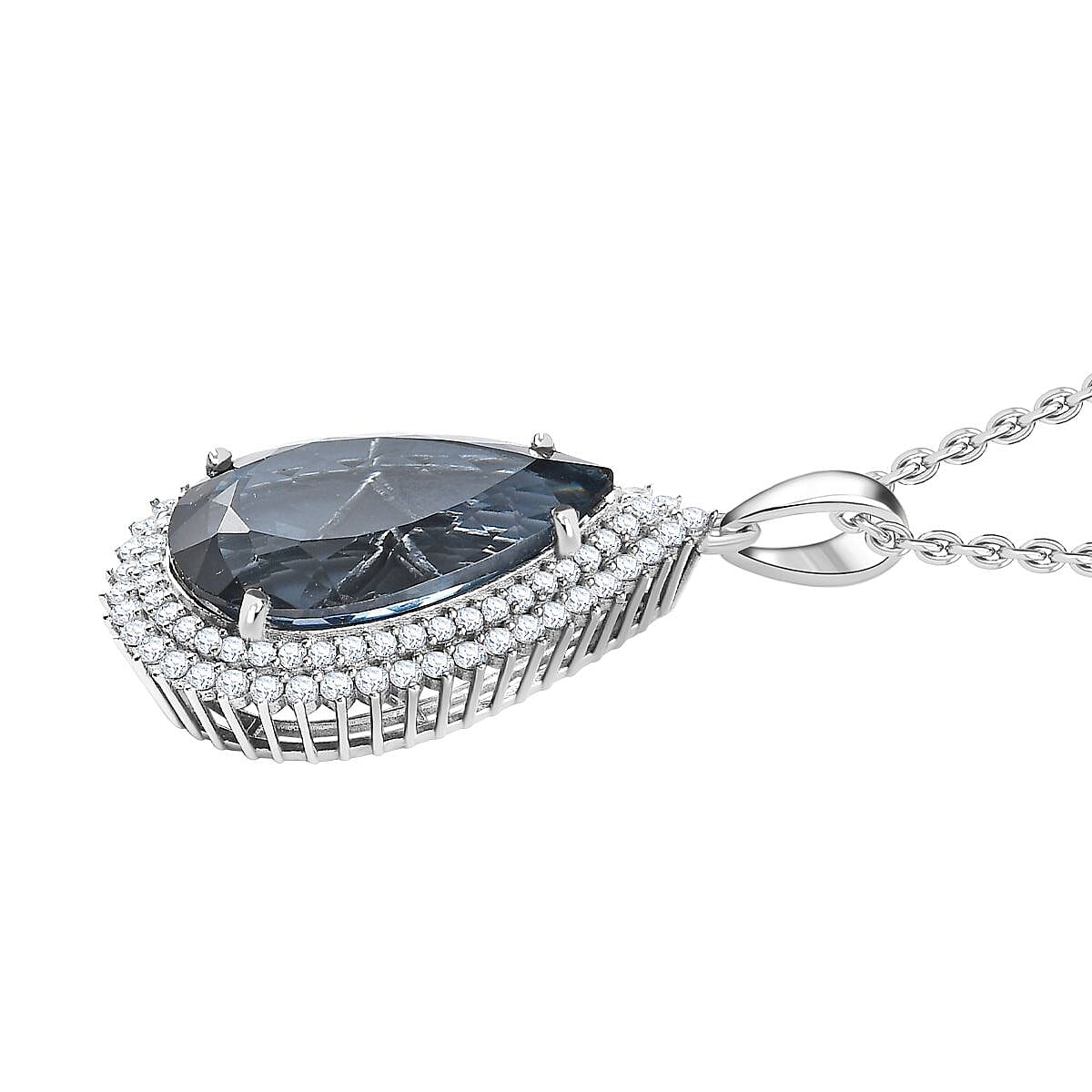 London Blue Topaz & Natural Zircon Drop Pendant with Chain (Size 20) in Platinum Overlay Sterling Silver 25.85 Ct, Silver Wt. 6.38 Gms