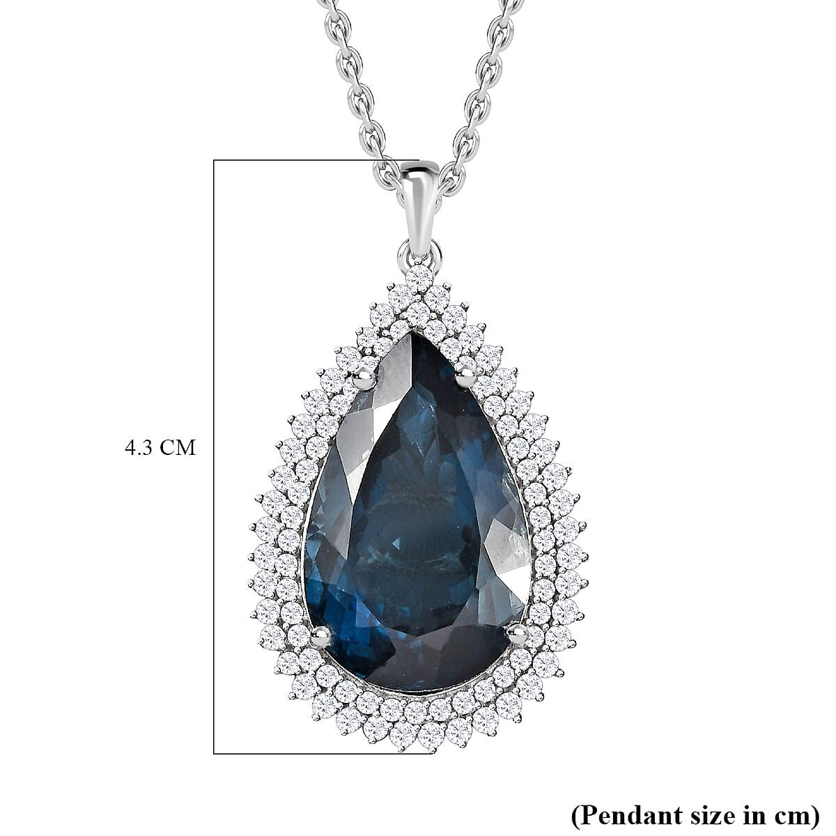 London Blue Topaz & Natural Zircon Drop Pendant with Chain (Size 20) in Platinum Overlay Sterling Silver 25.85 Ct, Silver Wt. 6.38 Gms