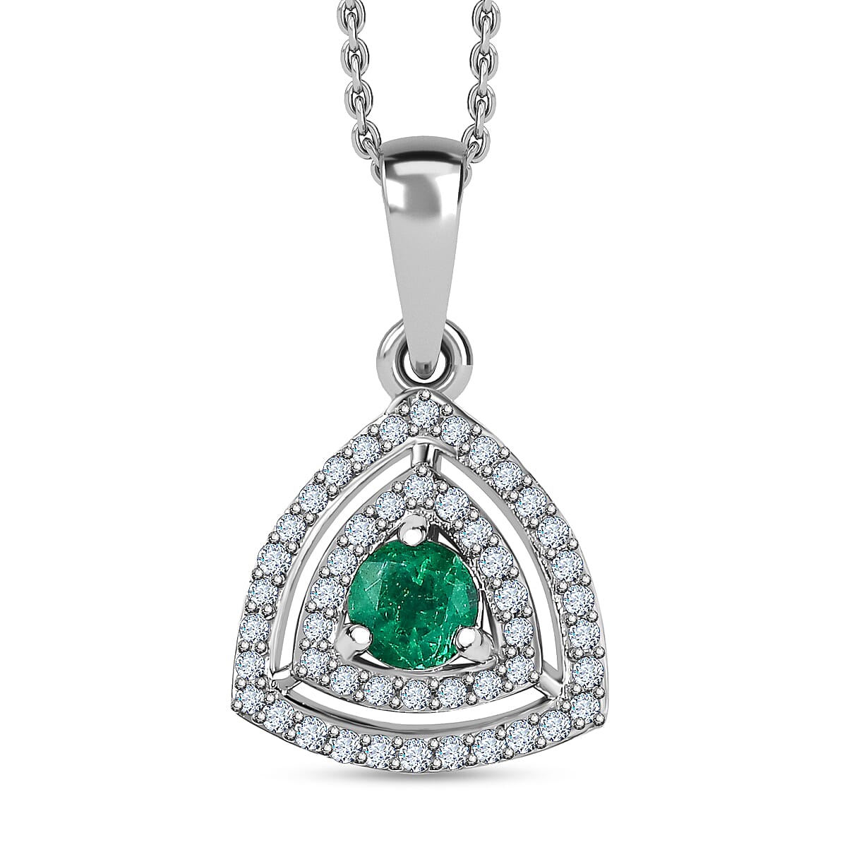 AAA Gemfields Emerald & Natural Zircon Pendant with Chain (Size 20) in Platinum Overlay Sterling Silver