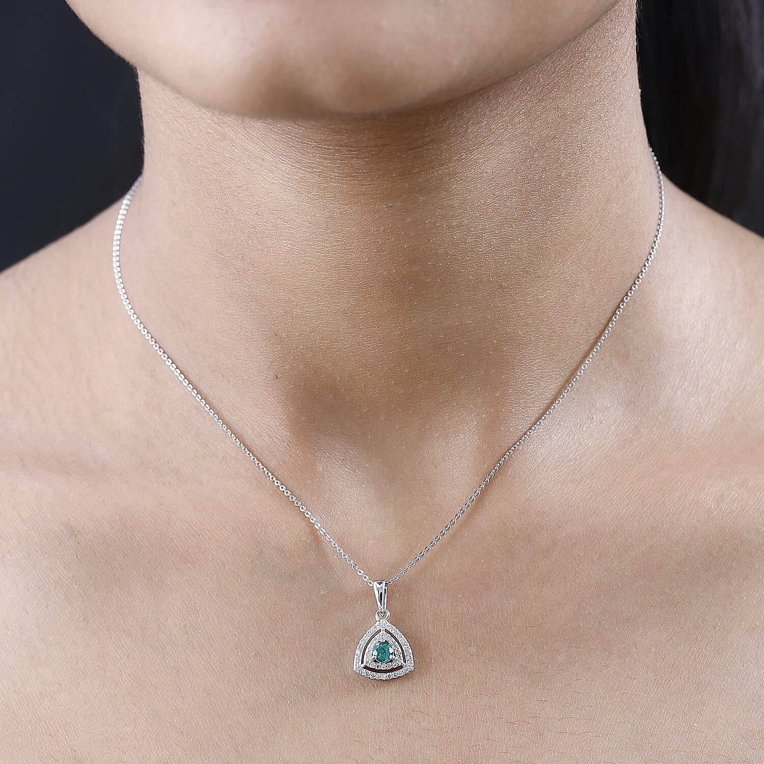 AAA Gemfields Emerald & Natural Zircon Pendant with Chain (Size 20) in Platinum Overlay Sterling Silver