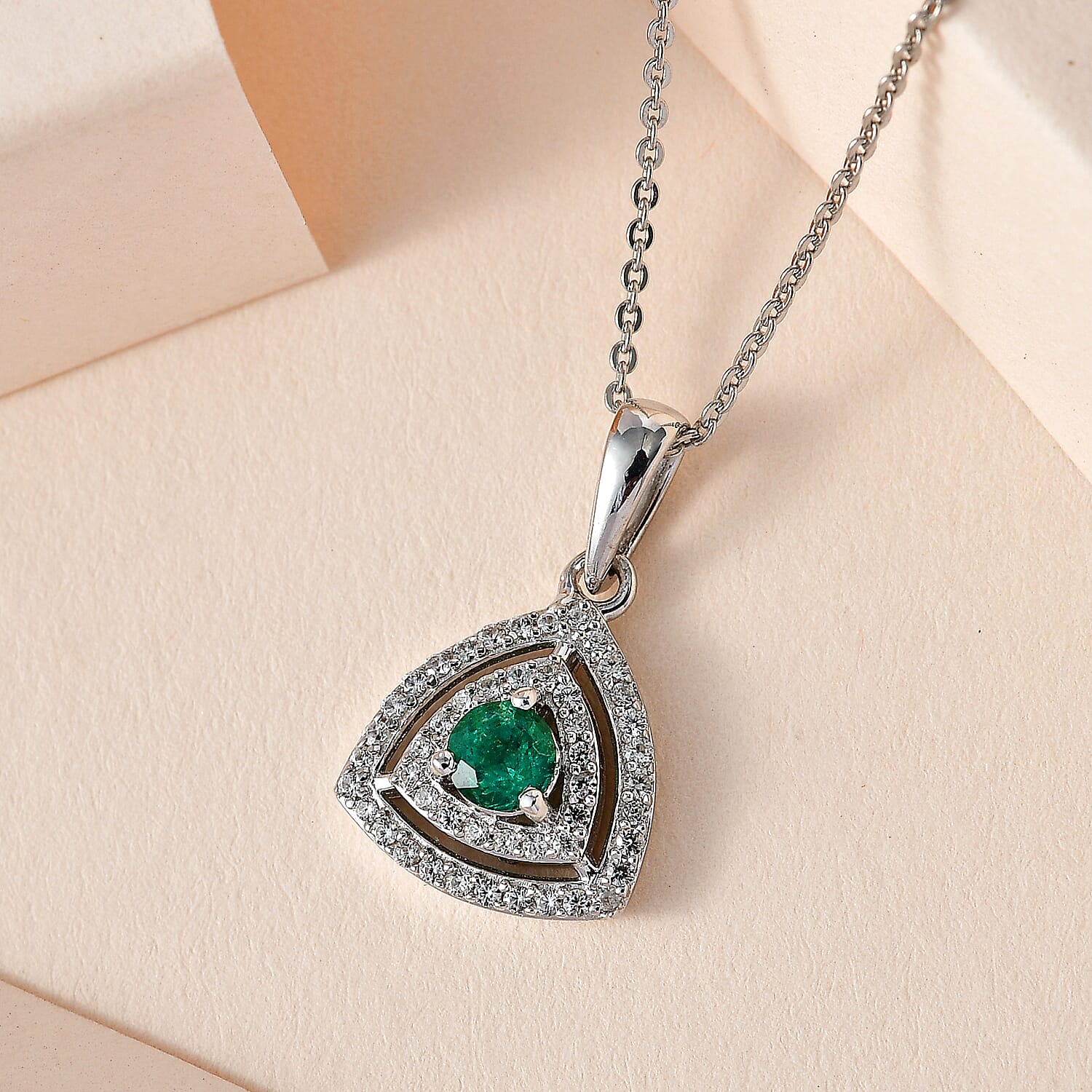 AAA Gemfields Emerald & Natural Zircon Pendant with Chain (Size 20) in Platinum Overlay Sterling Silver