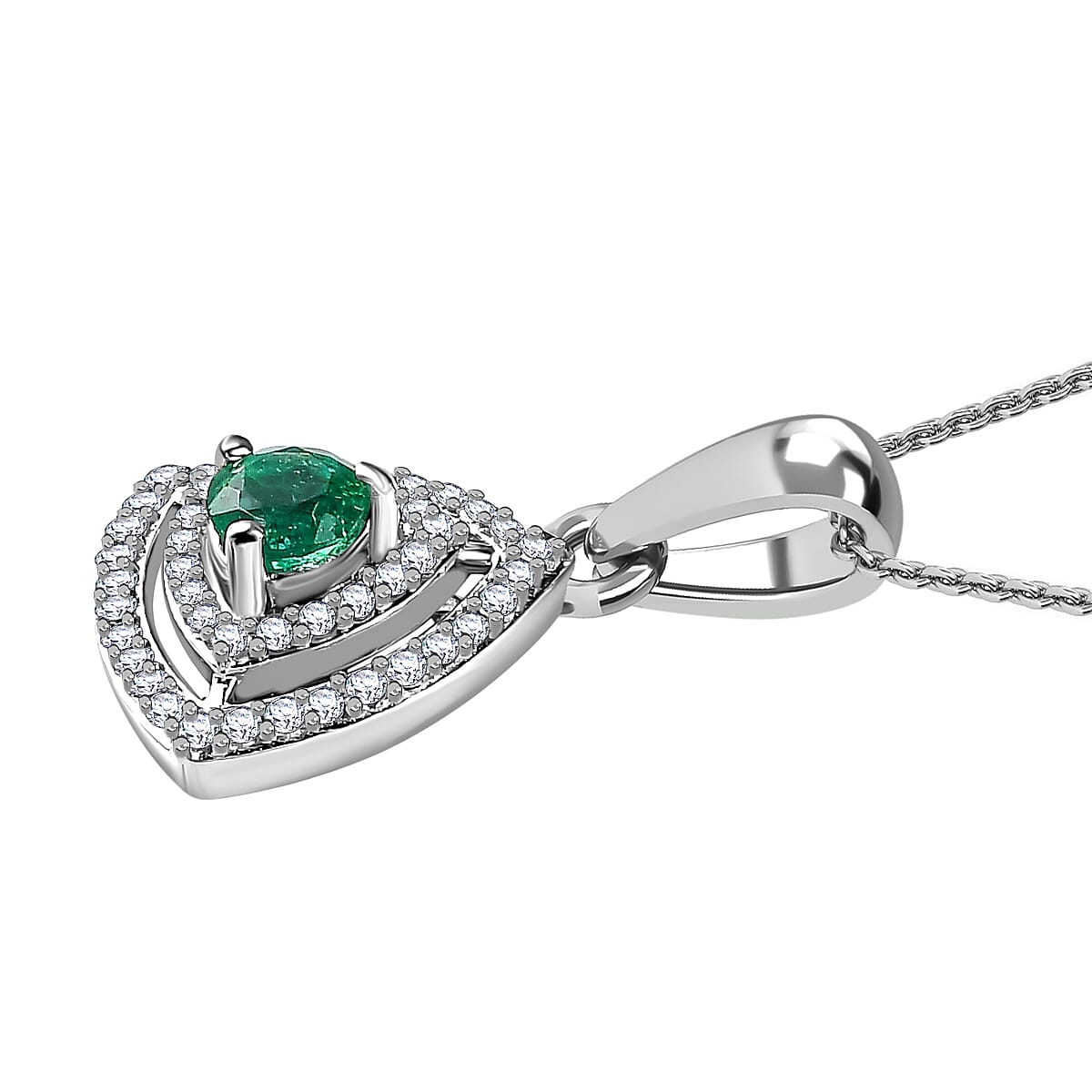 AAA Gemfields Emerald & Natural Zircon Pendant with Chain (Size 20) in Platinum Overlay Sterling Silver