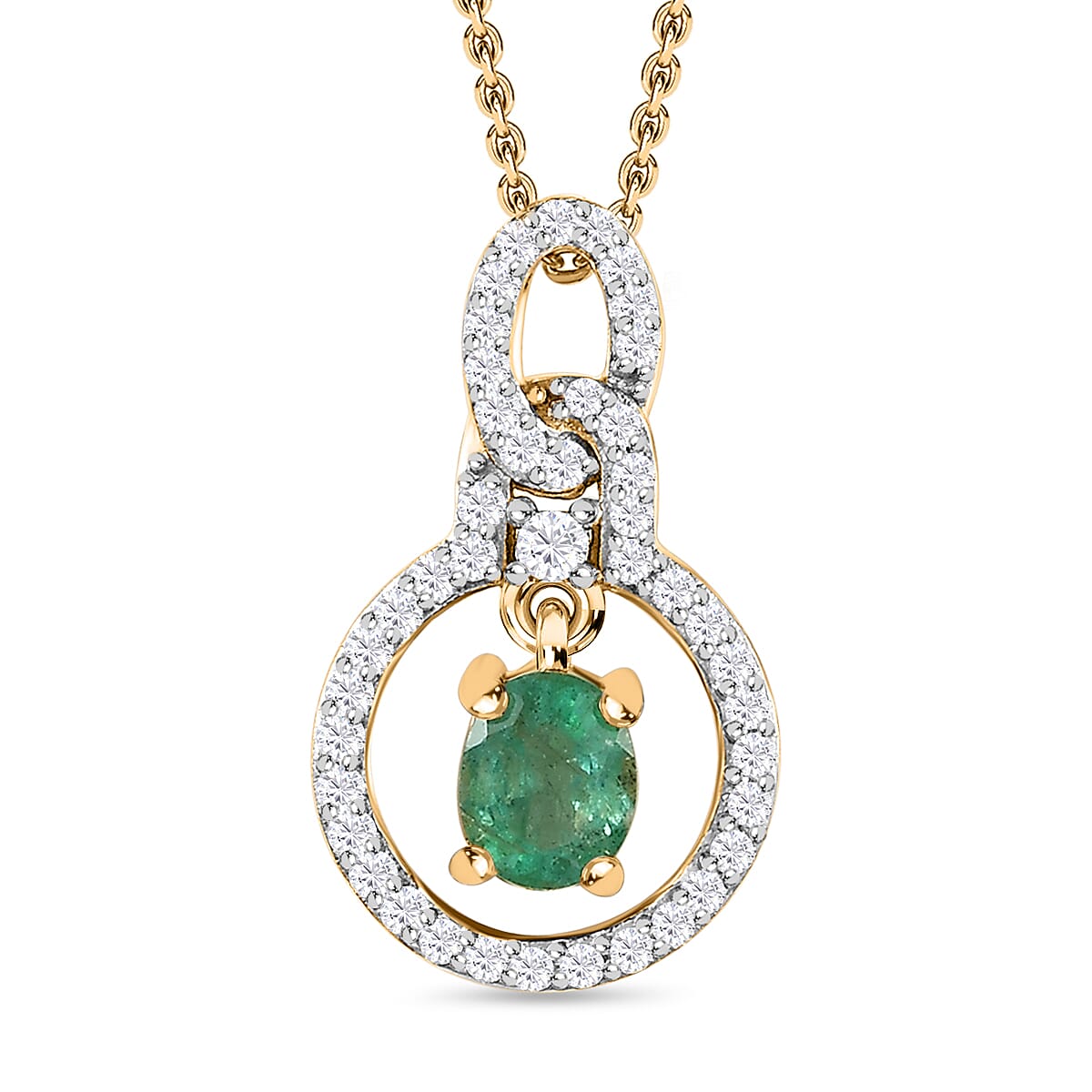 AAA Gemfields Emerald & Natural Zircon Pendant with Chain (Size 20) in 18K Yellow Gold Vermeil Plated Sterling Silver