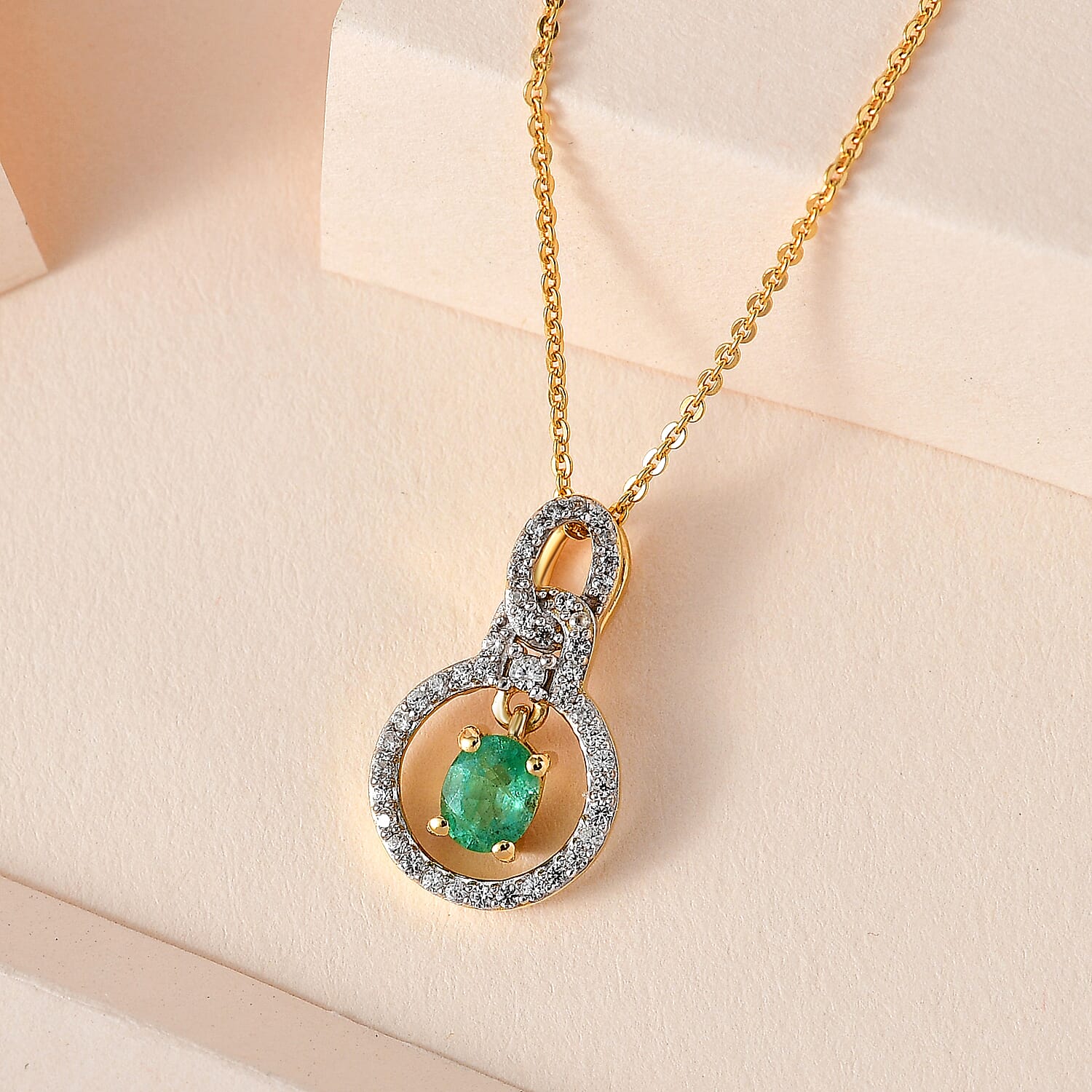 AAA Gemfields Emerald & Natural Zircon Pendant with Chain (Size 20) in 18K Yellow Gold Vermeil Plated Sterling Silver