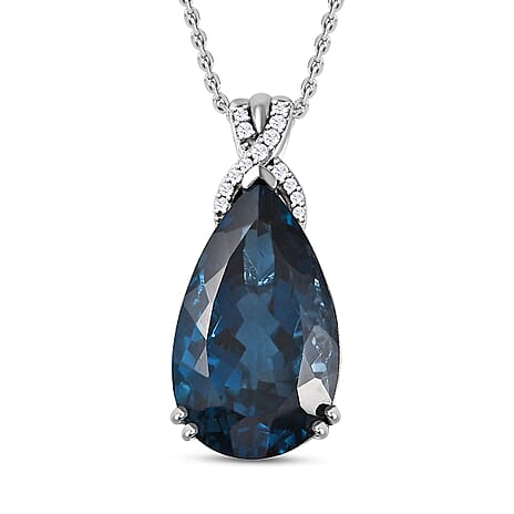 London Blue Topaz, White Zircon Pendant with Chain (Size 20) in Platinum Overlay Sterling Silver 0.14 ct Silver Wt. 13.26 Gms 25.140 Ct. London Blue Topaz, White Zircon Pendant with Chain (Size 20) in Platinum Overlay Sterling Silver 0.14 ct Silver Wt. 13.26 Gms 25.140 Ct.