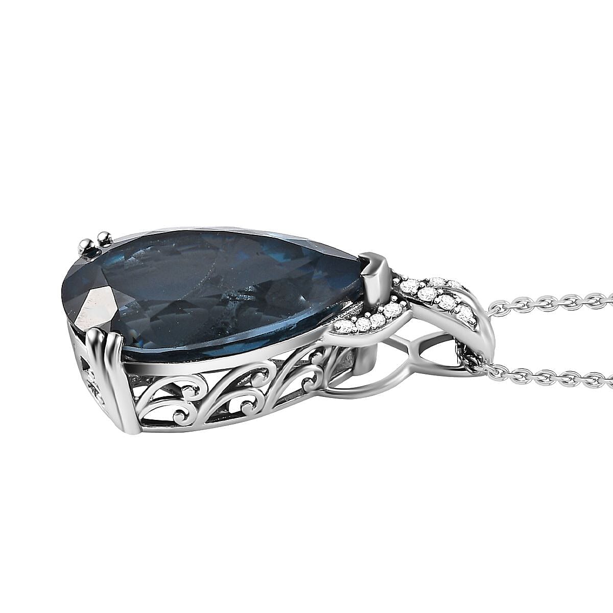 London Blue Topaz & Natural Zircon Drop Pendant with Chain (Size 20) in Platinum Overlay Sterling Silver 25.14 Ct, Silver Wt. 8.10 Gms