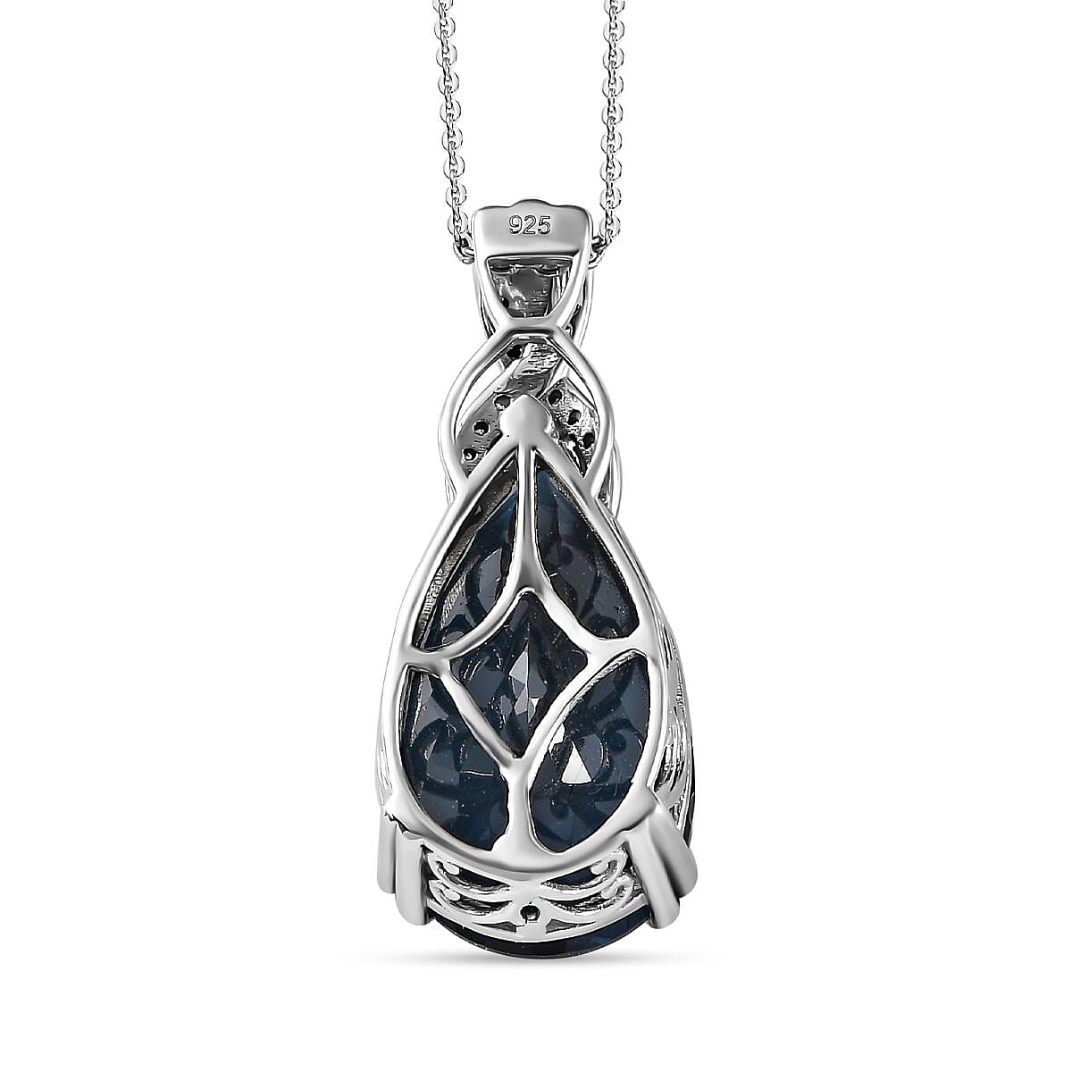 London Blue Topaz & Natural Zircon Drop Pendant with Chain (Size 20) in Platinum Overlay Sterling Silver 25.14 Ct, Silver Wt. 8.10 Gms