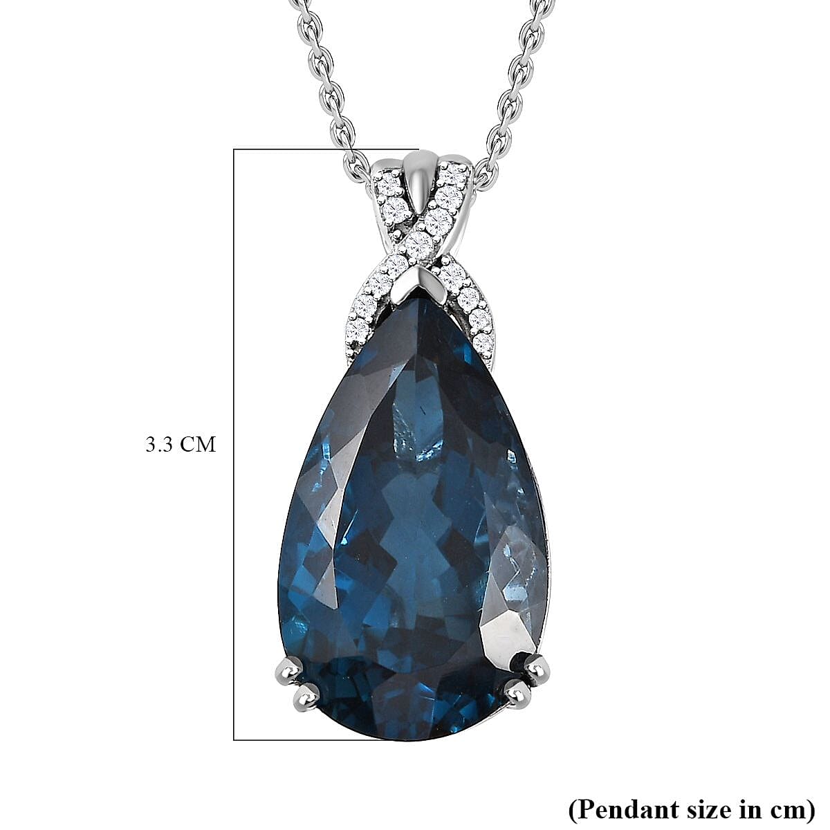 London Blue Topaz & Natural Zircon Drop Pendant with Chain (Size 20) in Platinum Overlay Sterling Silver 25.14 Ct, Silver Wt. 8.10 Gms