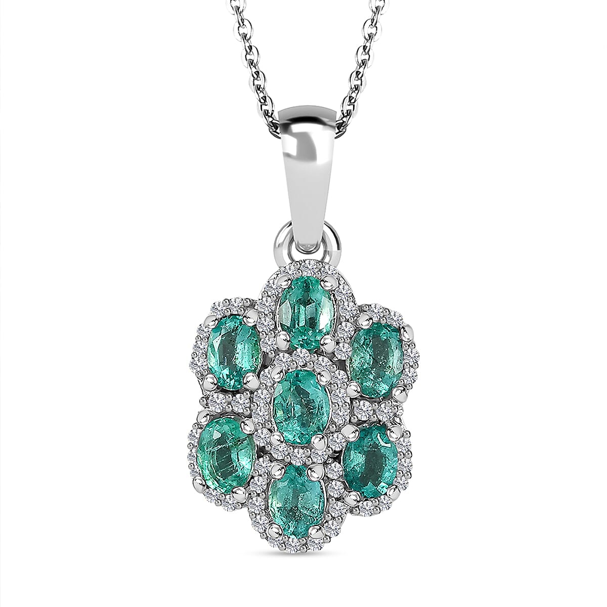 Collectors Edition- AAA Gemfields Emerald Natural Zircon Floral Pendant with Chain (Size-20) in Platinum Overlay Sterling Silver 1.46 Ct, Silver Wt 5.24 GM
