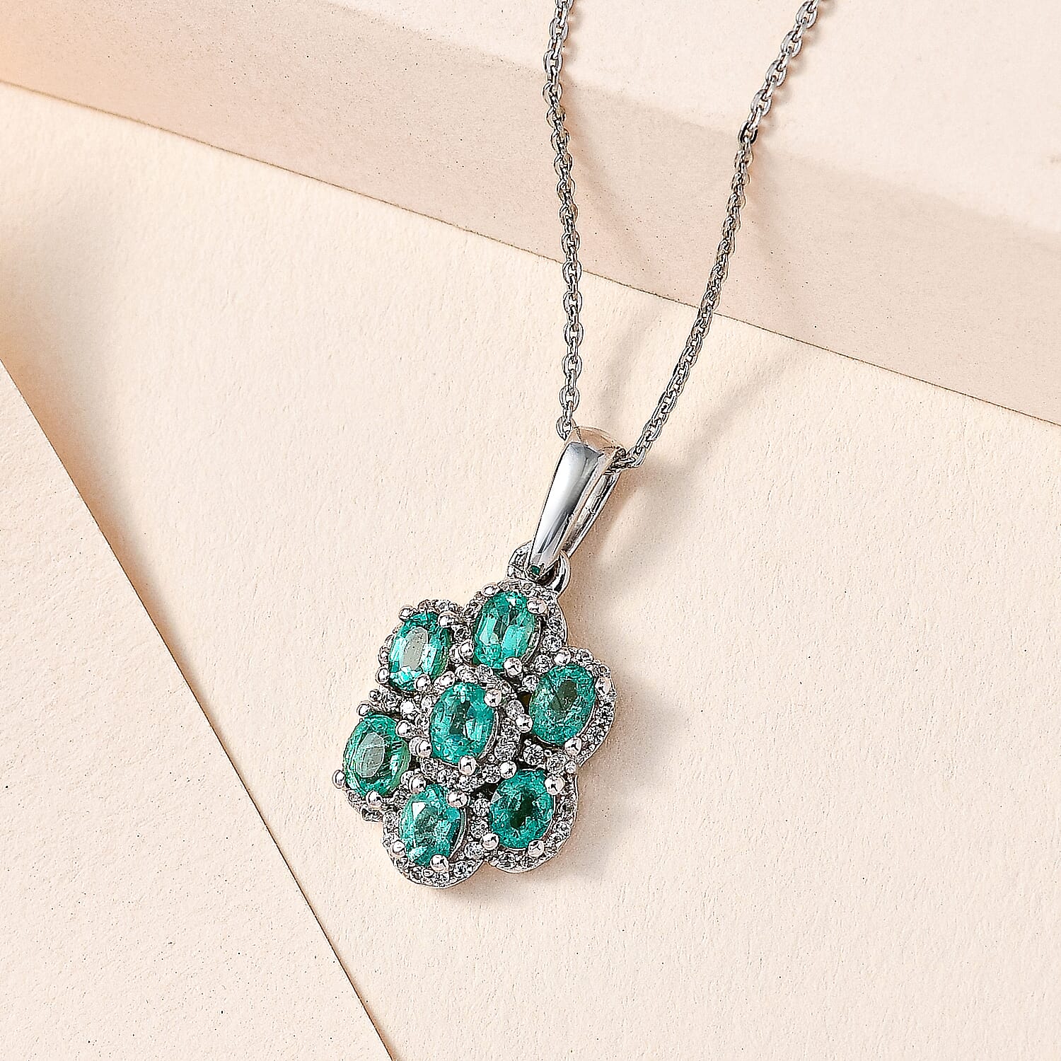 Collectors Edition- AAA Gemfields Emerald Natural Zircon Floral Pendant with Chain (Size-20) in Platinum Overlay Sterling Silver 1.46 Ct, Silver Wt 5.24 GM