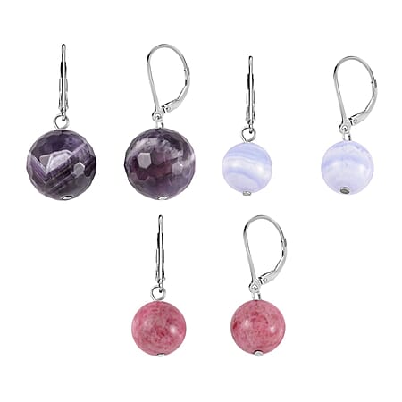 Set of 3 - Blue Lace Agate, Bi-Color Amethyst and Rhodonite Drop Earring in Pure White Stainless Steel 67.500 Ct.