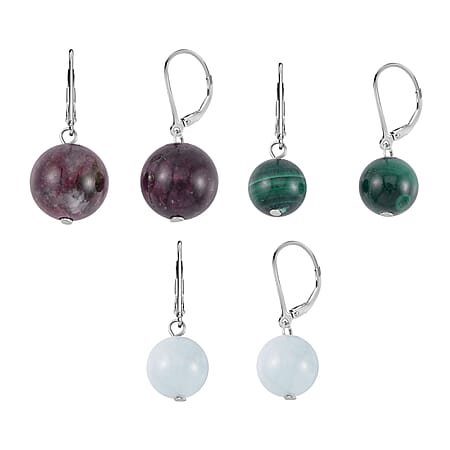 Set of 3 - Pink Tourmaline Malachite Earring Pure White Stainless Steel 49.700 Ct.