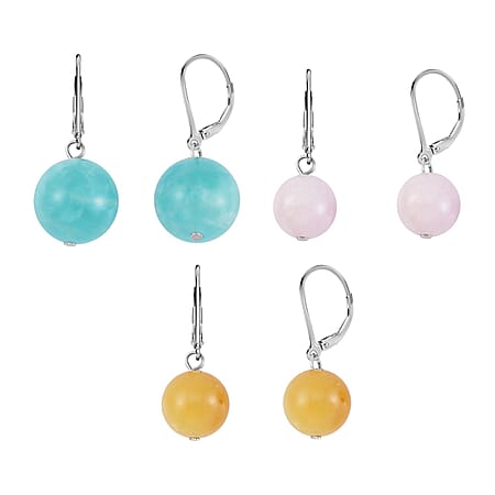 Set of 3 - Amazonite, Yellow Opal and Kunzite Drop Earring Pure White Stainless Steel 50.200 Ct.