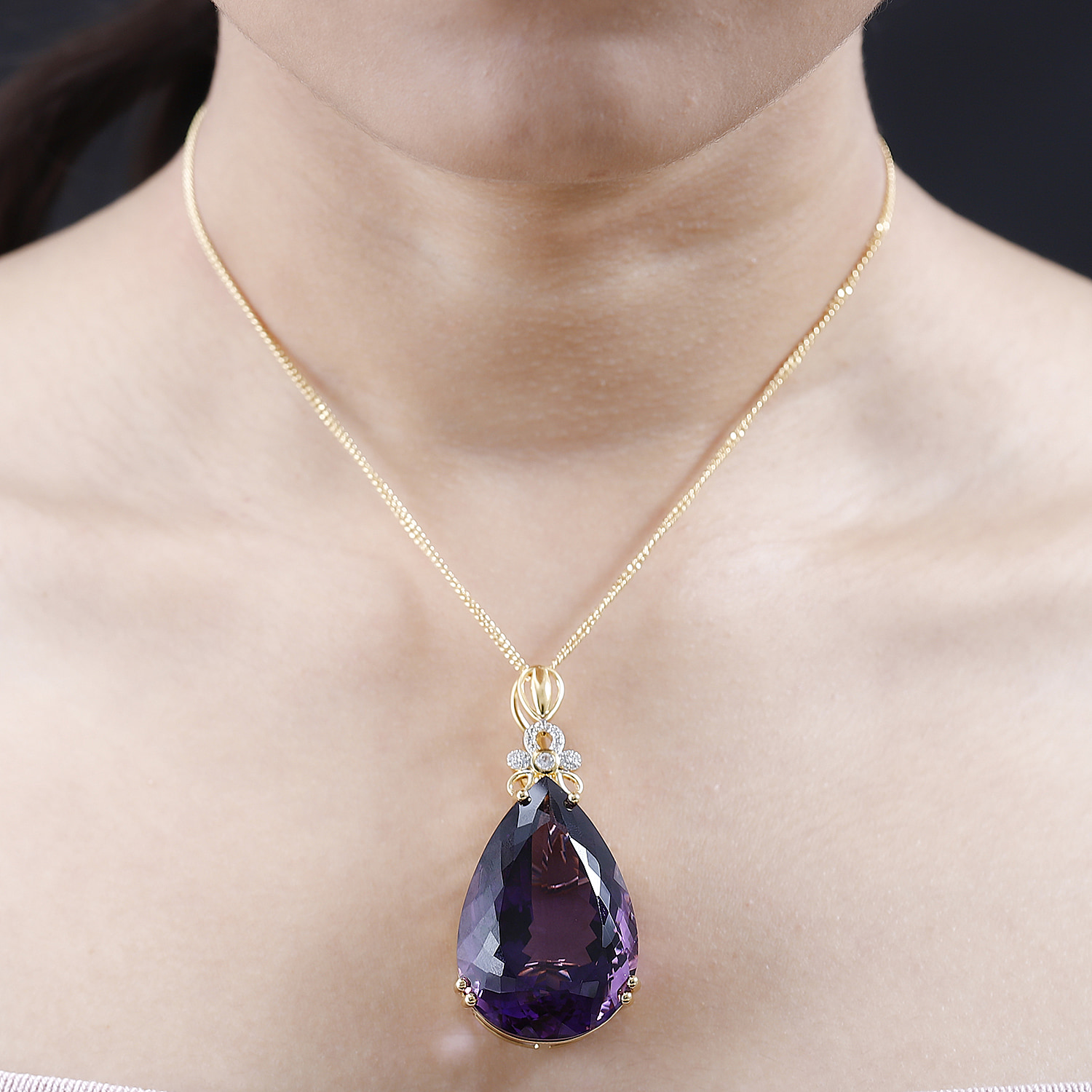 Lusaka Amethyst & Natural Zircon Drop Pendant with Chain (Size 20