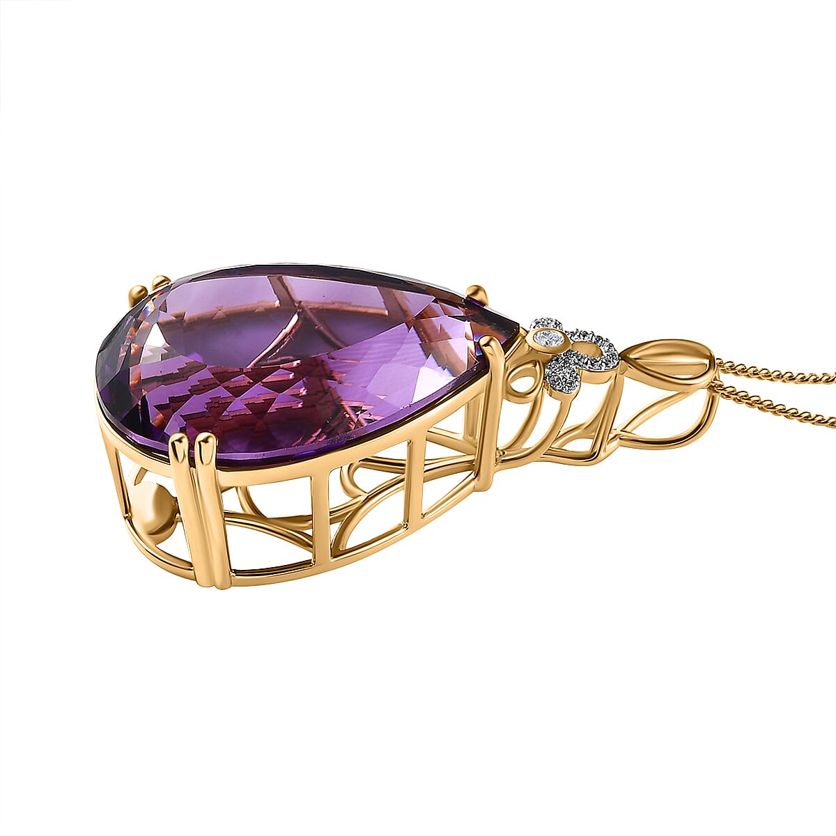 Lusaka Amethyst & Natural Zircon Drop Pendant with Chain (Size 20) in 18K Vermeil Yellow Gold Plated Sterling Silver 100.36 Ct, Silver Wt. 13.04 Gms