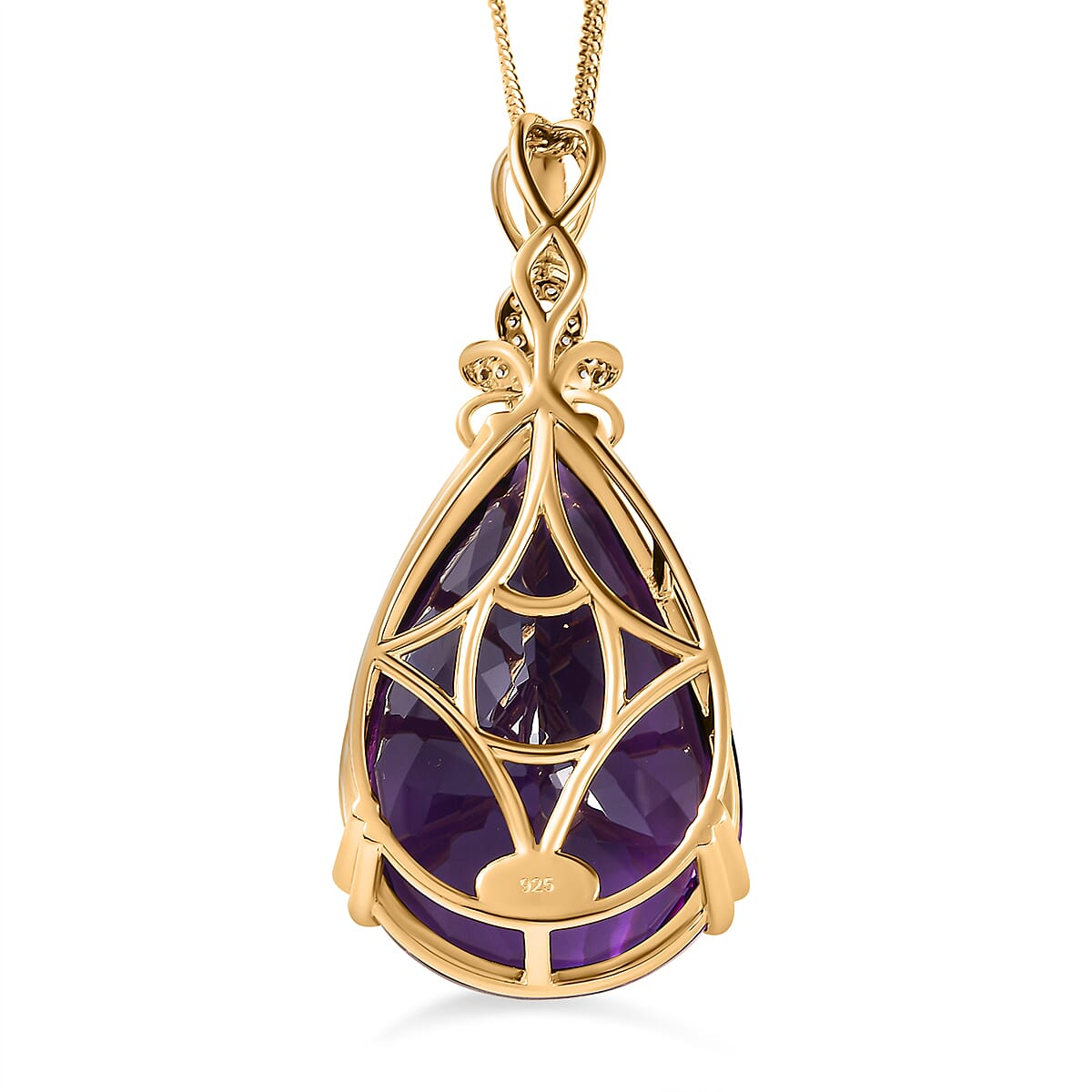 Lusaka Amethyst & Natural Zircon Drop Pendant with Chain (Size 20) in 18K Vermeil Yellow Gold Plated Sterling Silver 100.36 Ct, Silver Wt. 13.04 Gms