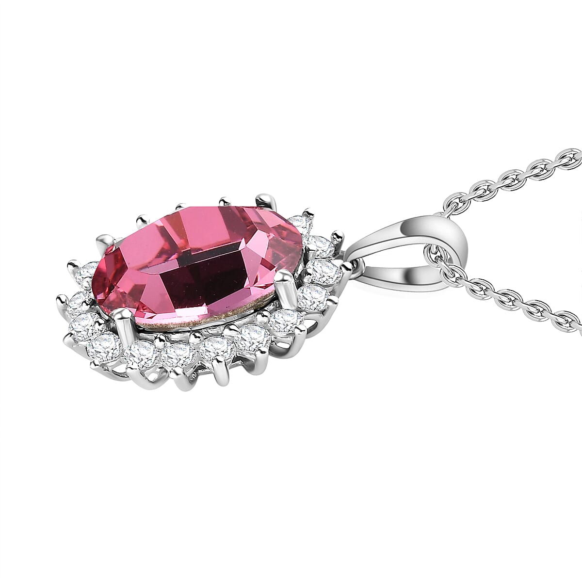 White Cubic Zirconia & Rose Finest Austrian Crystal Platinum Overlay Sterling Silver Halo Pendant with Stainless Steel Chain (Size 20)