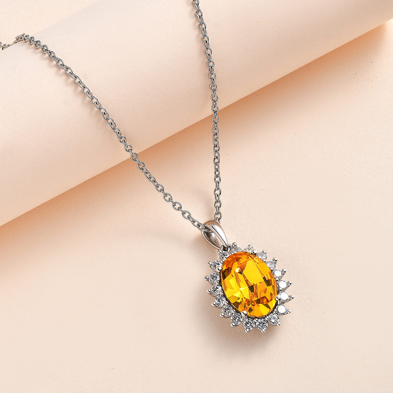 White Cubic Zirconia & Sunflower Finest Austrian Crystal Platinum Overlay Sterling Silver Halo Pendant with Stainless Steel Chain (Size 20)