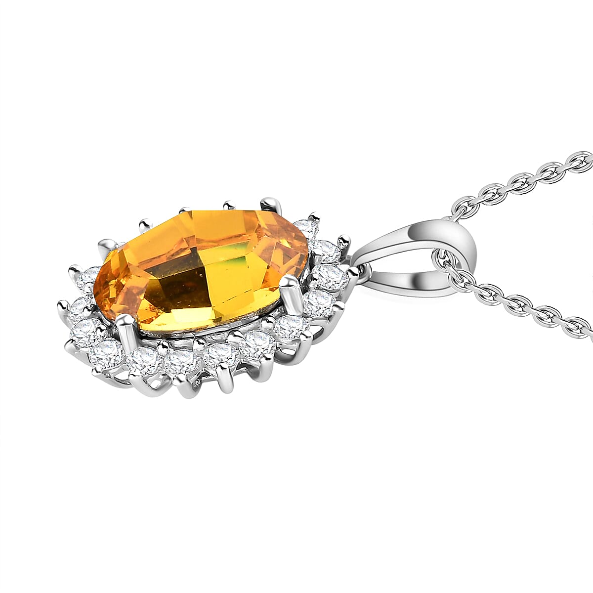 White Cubic Zirconia & Sunflower Finest Austrian Crystal Platinum Overlay Sterling Silver Halo Pendant with Stainless Steel Chain (Size 20)