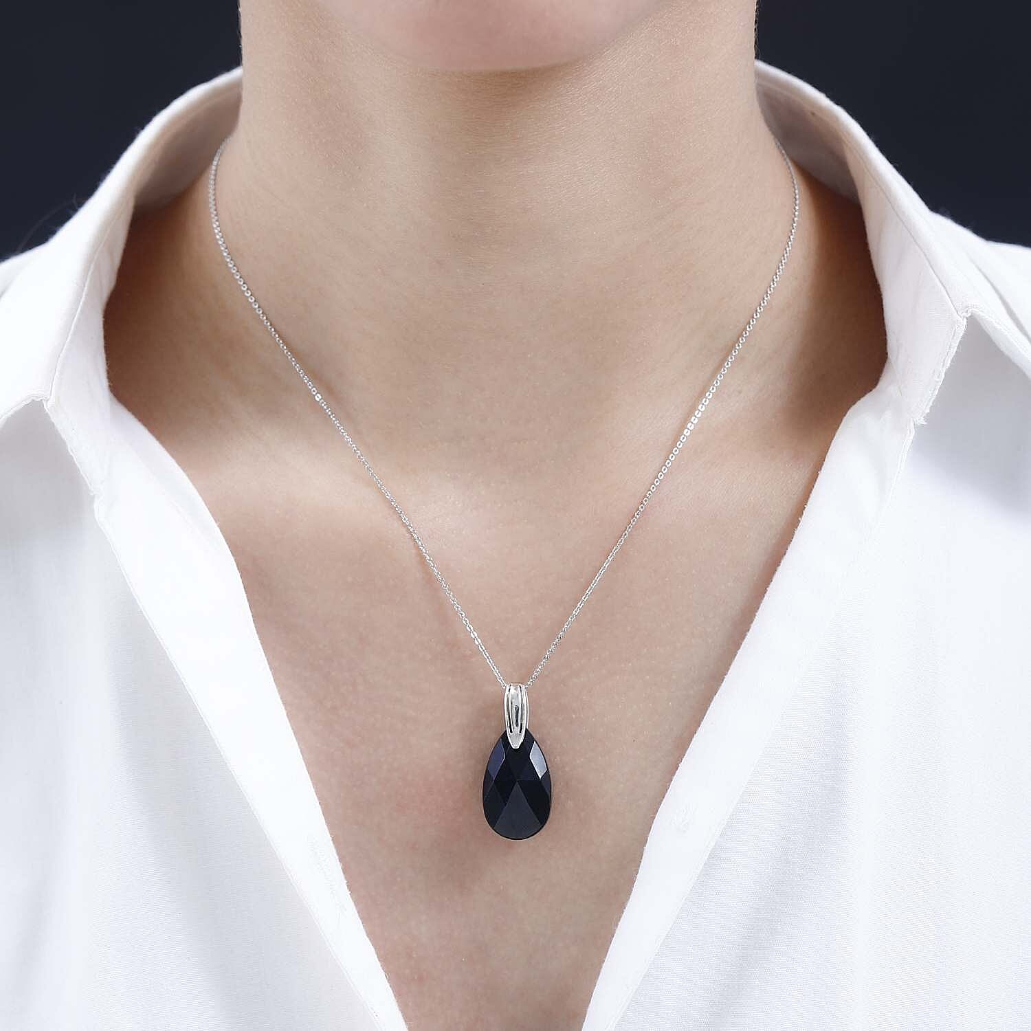 Jet Finest Austrian Crystal Solitaire Pendant with Chain (Size 20) in Platinum Overlay Sterling Silver