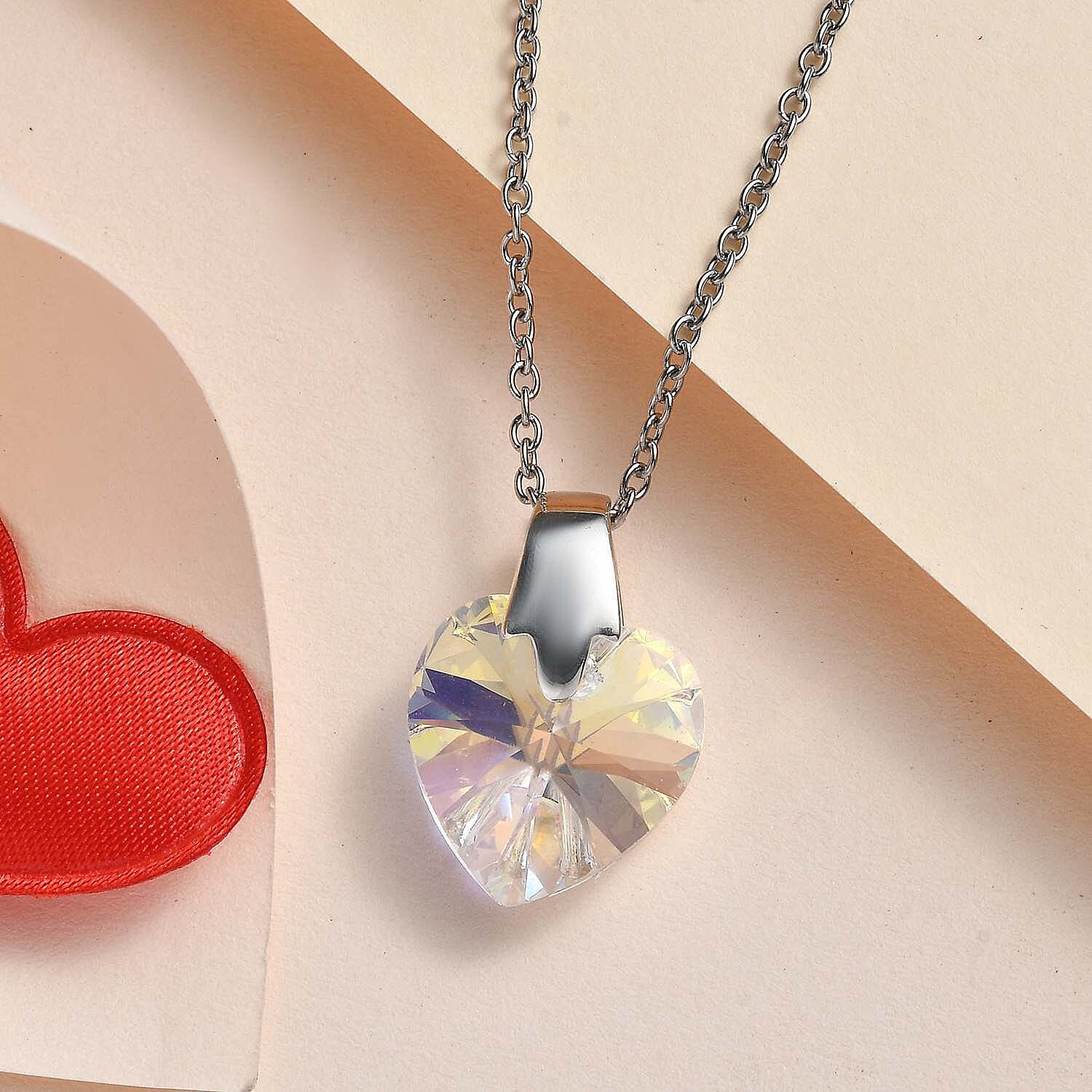 AB Finest Austrian Crystal Platinum Overlay Sterling Silver Heart Pendant with Stainless Steel Chain (Size 20)