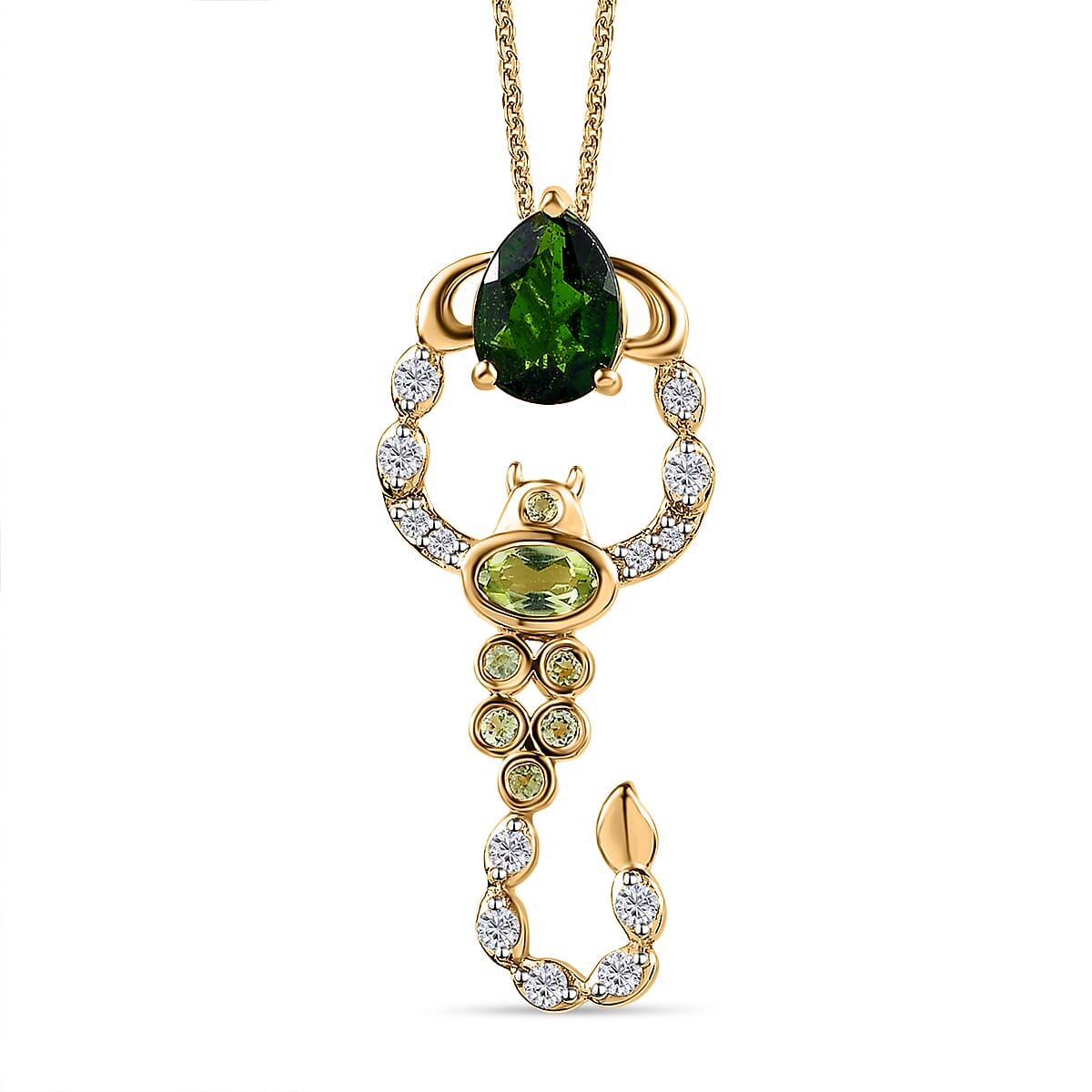 GP Italian Garden Collection - Natural Chrome Diopside, Hebei Peridot & Natural Zircon Pendant with Chain (Size 20) in 18K Vermeil Yellow Gold Plated Sterling Silver 1.71 Ct