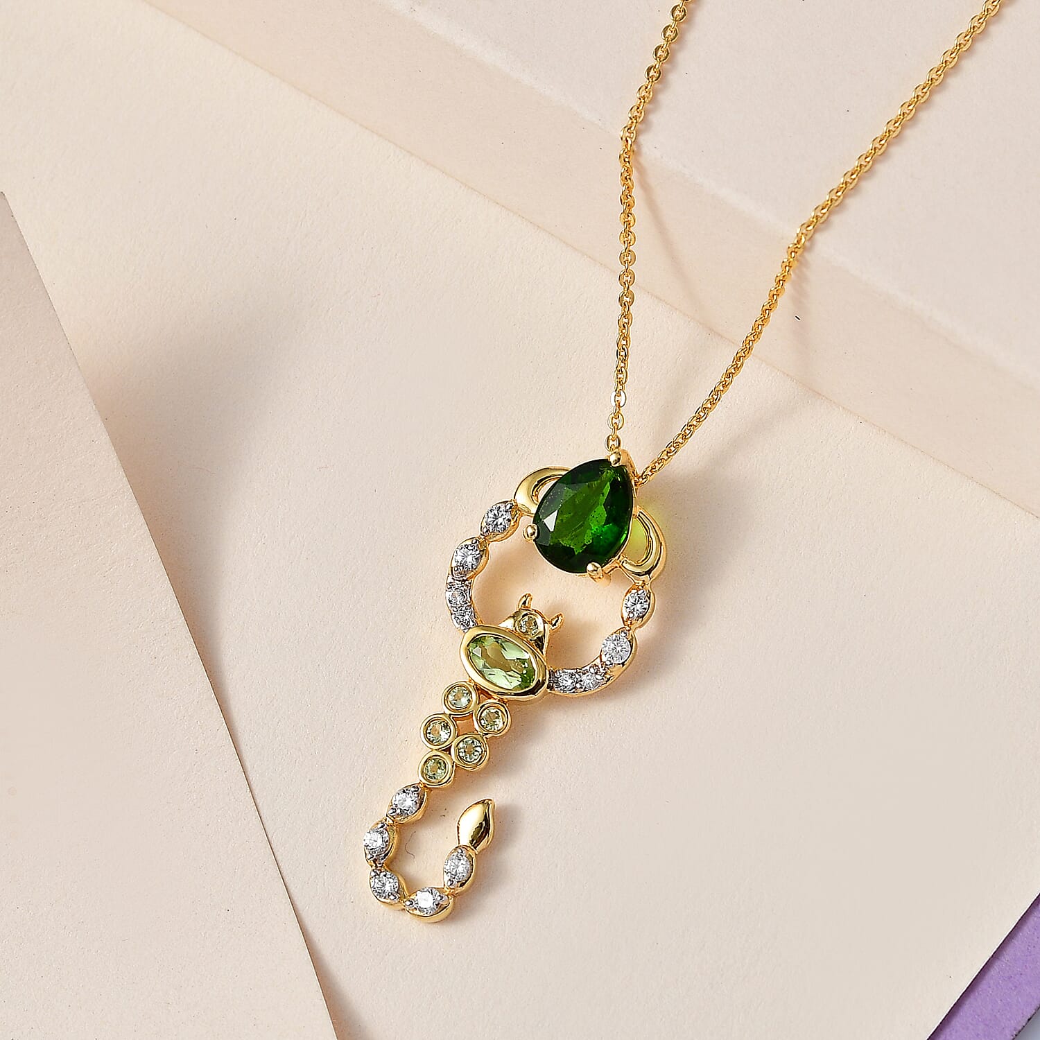 GP Italian Garden Collection - Natural Chrome Diopside, Hebei Peridot & Natural Zircon Pendant with Chain (Size 20) in 18K Vermeil Yellow Gold Plated Sterling Silver 1.71 Ct