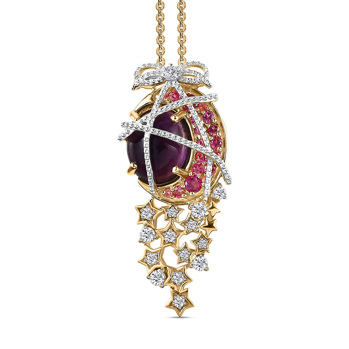 GP Celestial Dream Collection - Amethyst, Garnet & Zircon Pendant with Chain (Size 20) in 18K Gold Vermeil Plated Sterling Silver 5.04 Ct, Silver Wt. 6.80 Gms