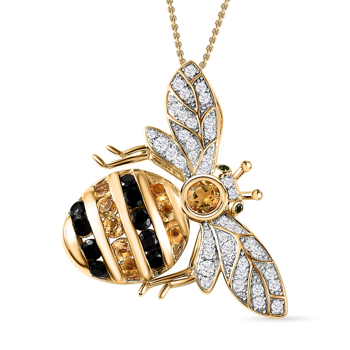 GP- Citrine, Natural Chrome Diopside, Blue Sapphire & Multigemstone Honeybee Pendant with Chain (Size 20) in YG Vermeil Sterling Silver 3.30 Ct