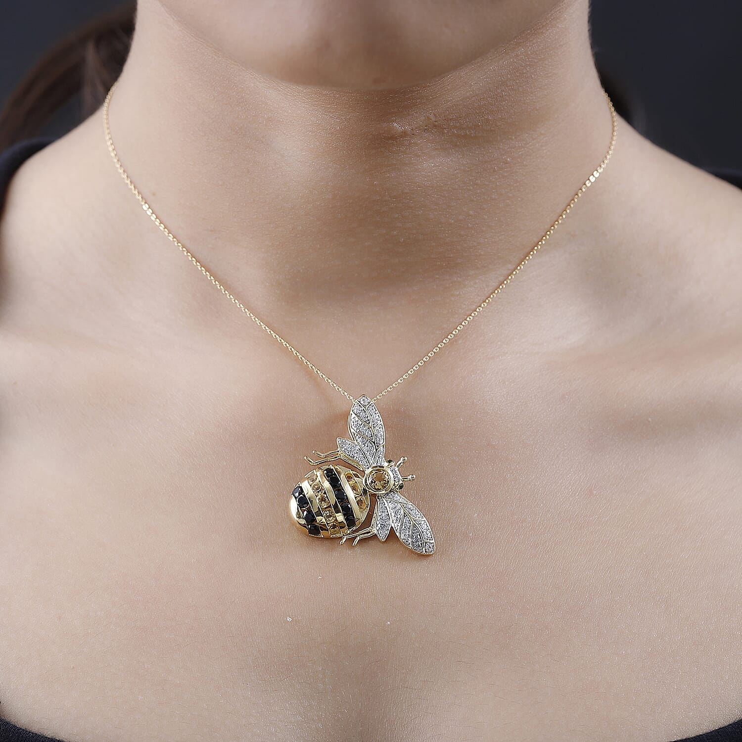 GP- Citrine, Natural Chrome Diopside, Blue Sapphire & Multigemstone Honeybee Pendant with Chain (Size 20) in YG Vermeil Sterling Silver 3.30 Ct