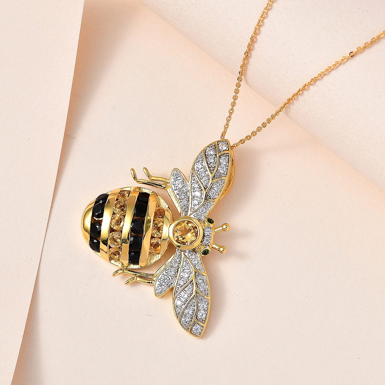 GP- Citrine, Natural Chrome Diopside, Blue Sapphire & Multigemstone Honeybee Pendant with Chain (Size 20) in YG Vermeil Sterling Silver 3.30 Ct