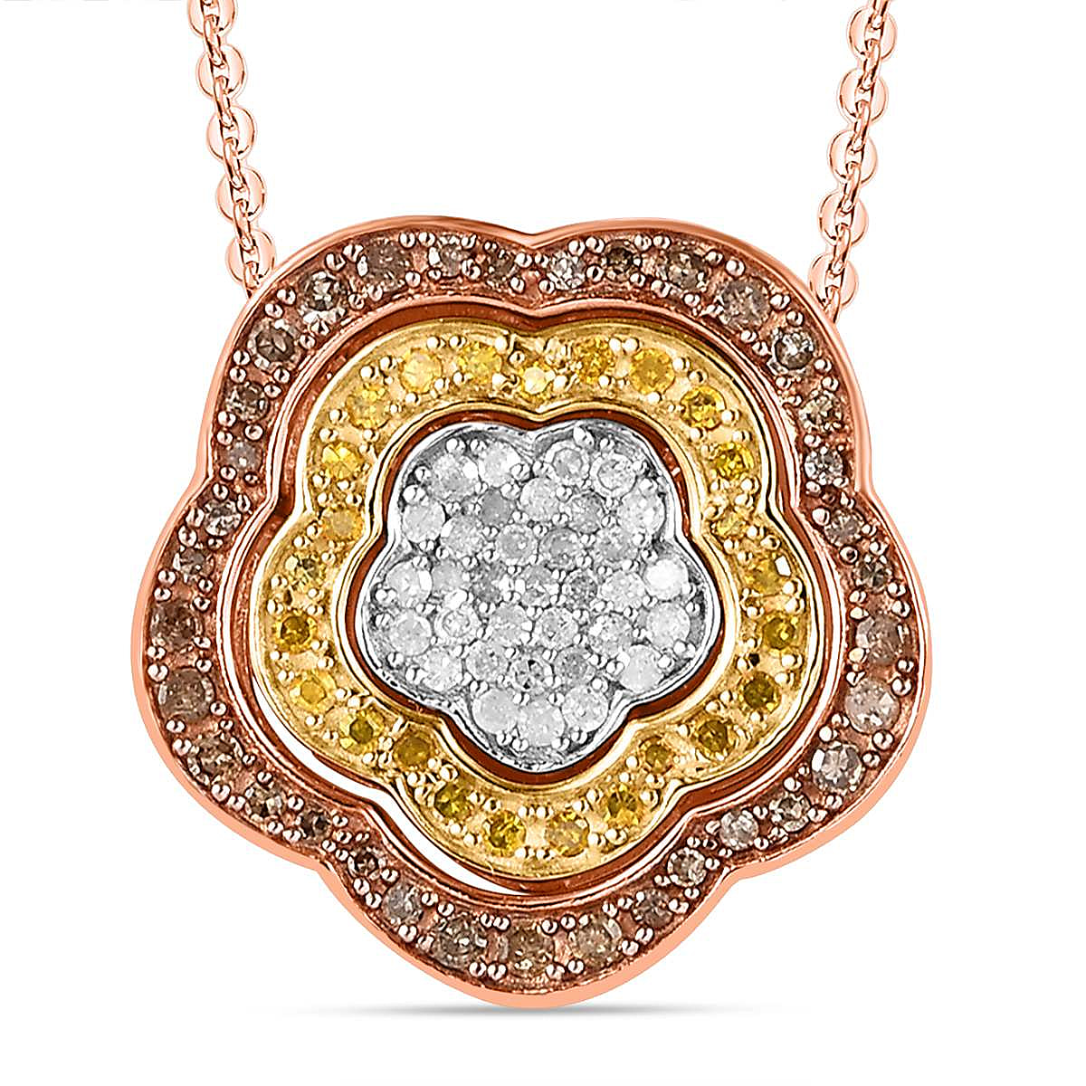 COLORS OF ARGYLE - Champagne Diamond, Yellow Diamond, White Diamond Pendant with Chain (Size 20) in Platinum, 18K Vermeil Yellow Gold, Rose Gold Plated Sterling Silver