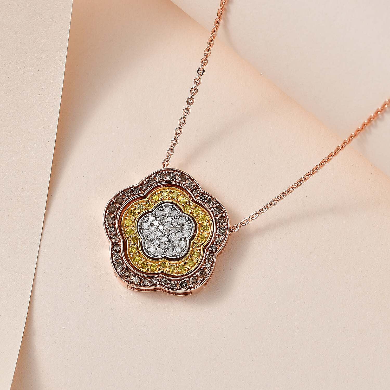 COLORS OF ARGYLE - Natural Champagne Diamond ,Yellow & White Diamond Pendant with Chain (Size 20) in Platinum Overlay Sterling Silver 0.50 Ct, Silver Wt. 7.01 Gms