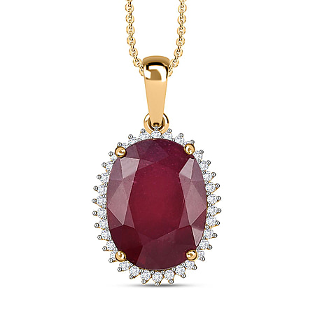 Ruby(FF) & Moissanite Halo Pendant with Chain (Size 20) in 18K Vermeil Yellow Gold Plated Sterling Silver 15.41 Ct