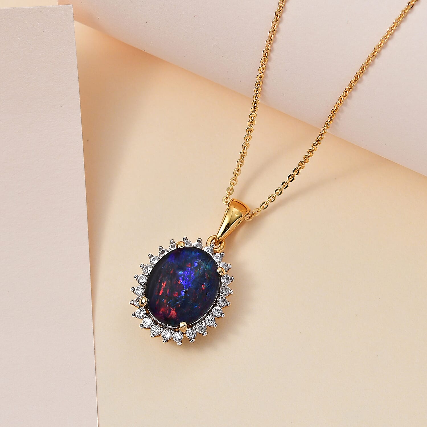 Boulder Opal & Natural Zircon Halo Pendant with Chain (Size 20) in 18K Vermeil Yellow Gold Plated Sterling Silver 3.18 Ct