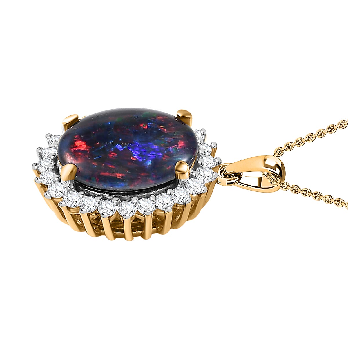 Boulder Opal & Natural Zircon Halo Pendant with Chain (Size 20) in 18K Vermeil Yellow Gold Plated Sterling Silver 3.18 Ct