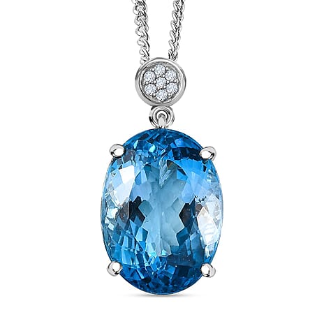 Blue Topaz, White Zircon Pendant with Curb Chain CD-60 (Size 20) in Platinum Overlay Sterling Silver 0.14 ct Silver Wt. 13 Gms 32.620 Ct. Blue Topaz, White Zircon Pendant with Curb Chain CD-60 (Size 20) in Platinum Overlay Sterling Silver 0.14 ct Silver Wt. 13 Gms 32.620 Ct.