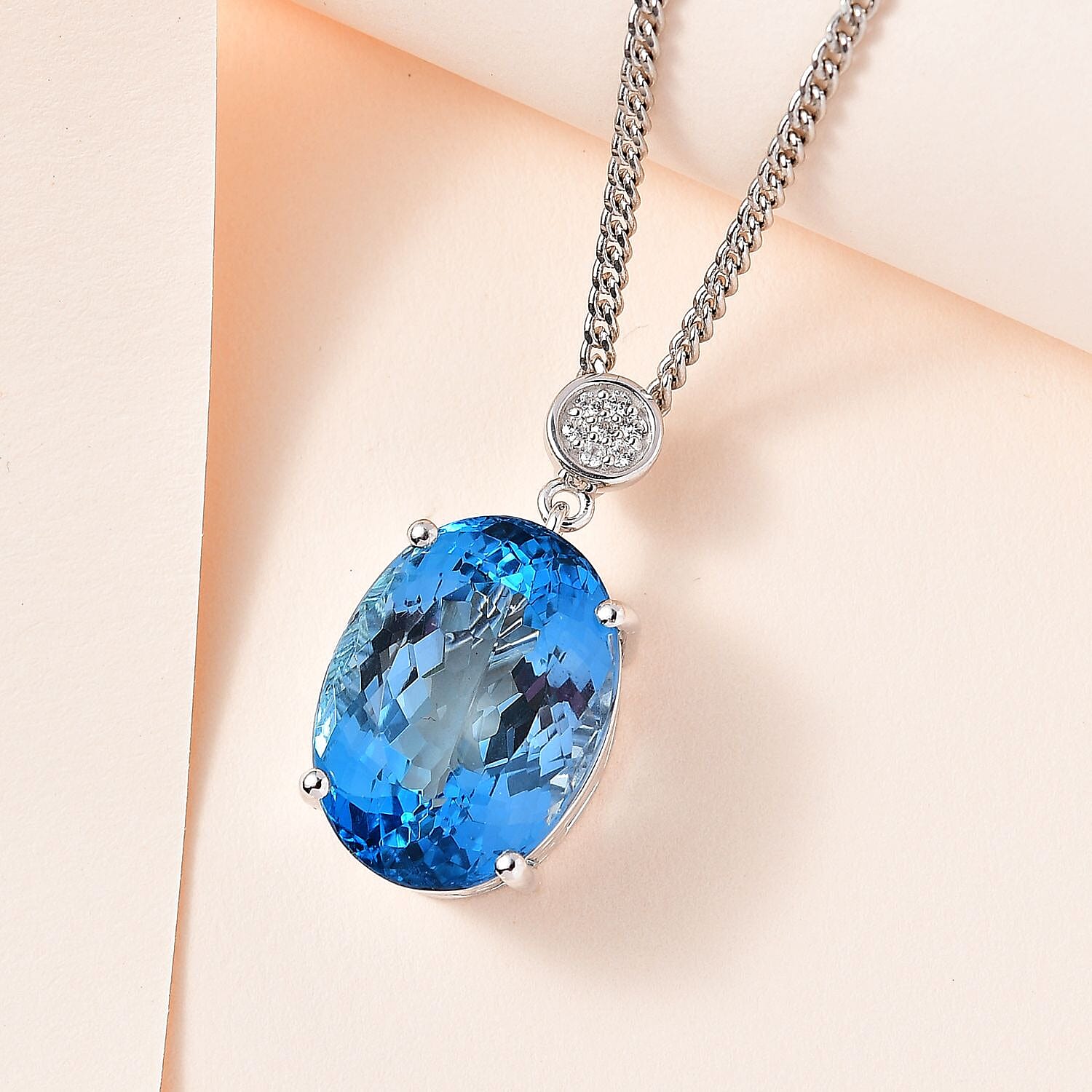 Blue Topaz & Natural Zircon Pendant with Chain (Size 20) in Platinum Overlay Sterling Silver 32.60 Ct, Silver Wt. 7.00 Gms
