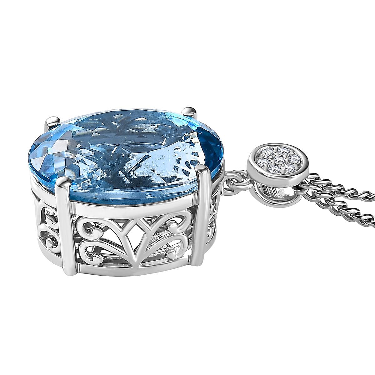 Blue Topaz & Natural Zircon Pendant with Chain (Size 20) in Platinum Overlay Sterling Silver 32.60 Ct, Silver Wt. 7.00 Gms