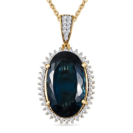 London Blue Topaz, White Zircon Pendant with Chain (Size 20) in Vermeil YG Sterling Silver 0.48 ct Silver Wt. 11.3 Gms 25.480 Ct. London Blue Topaz, White Zircon Pendant with Chain (Size 20) in Vermeil YG Sterling Silver 0.48 ct Silver Wt. 11.3 Gms 25.480 Ct.