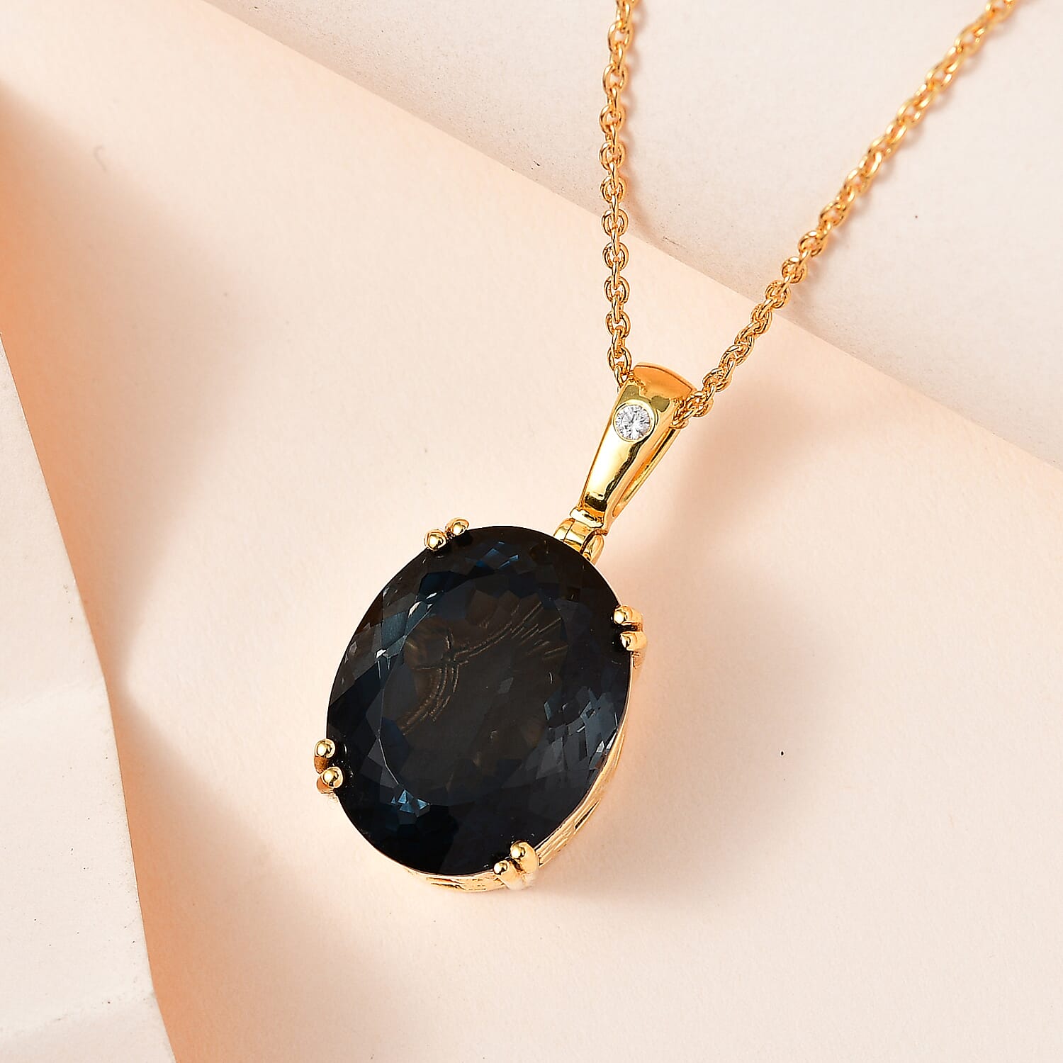 London Blue Topaz & Natural Zircon Pendant with Chain (Size 20) in 18K Yellow Gold Vermeil Plated Sterling Silver 25.10 Ct, Silver Wt. 8.00 Gms