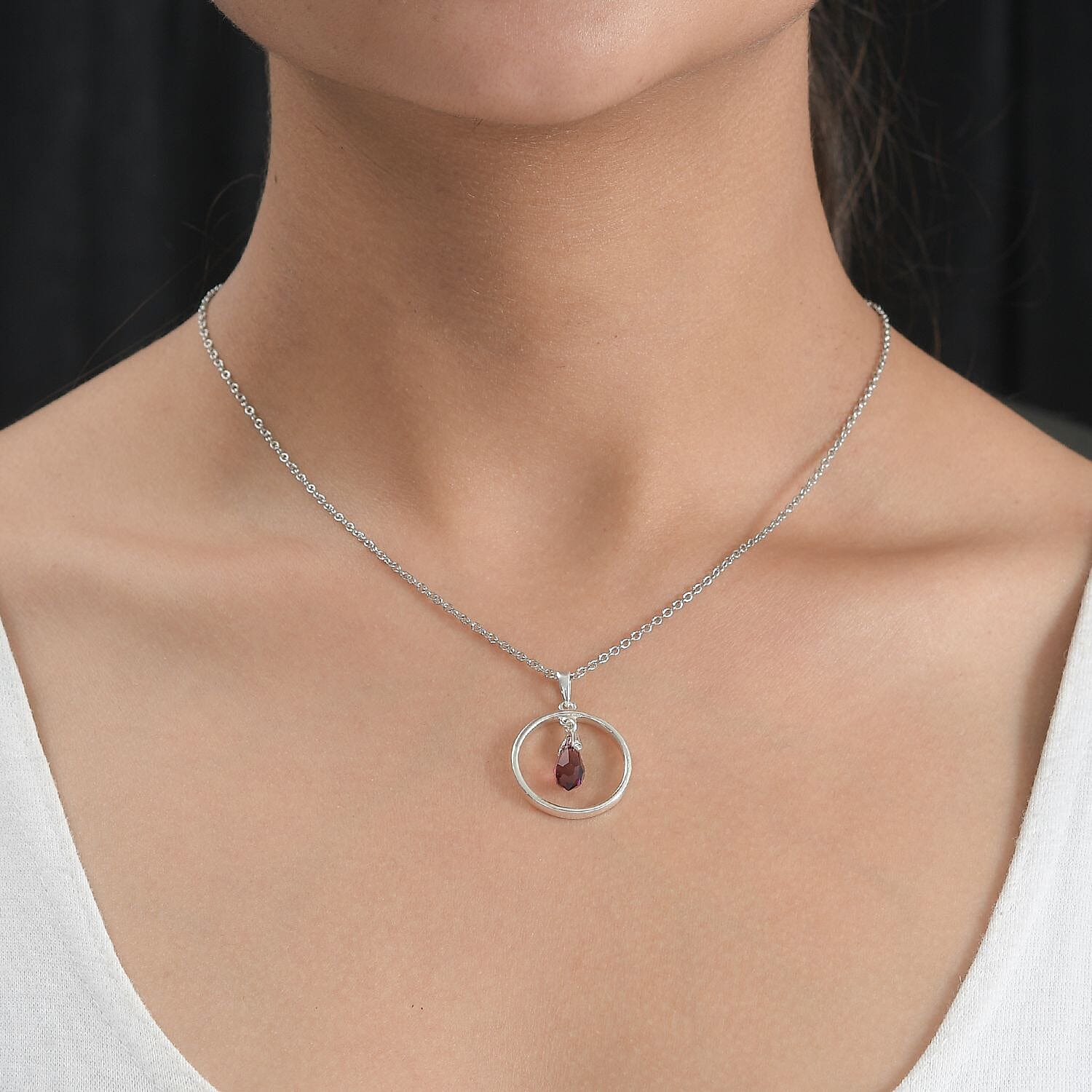 Amethyst Austrian Crystal Platinum Overlay Sterling Silver Drop Pendant with Chain (Size 20) 2.05 Ct